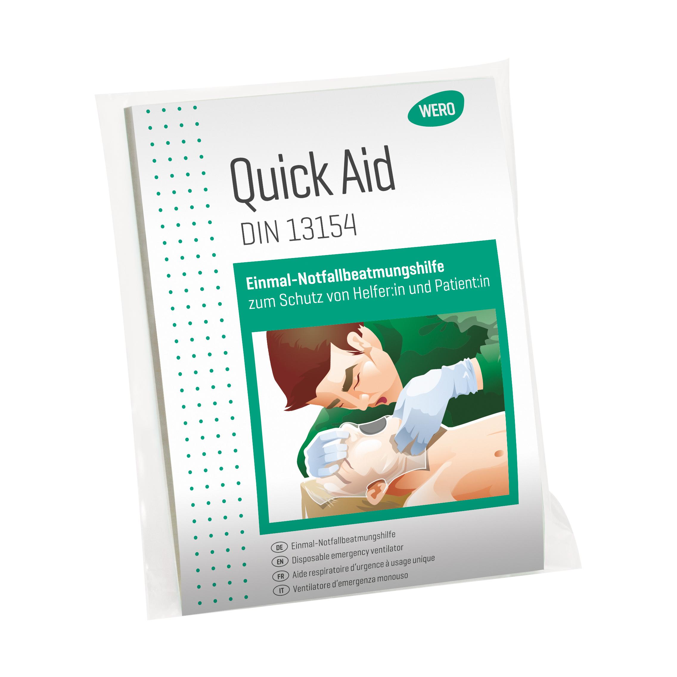 Weiße Verpackung der WERO Quick Aid Einmal-Notfallbeatmungshilfe mit grünem Label, FFP3-Filter und Anwendungsgrafik zur sicheren Beatmung.