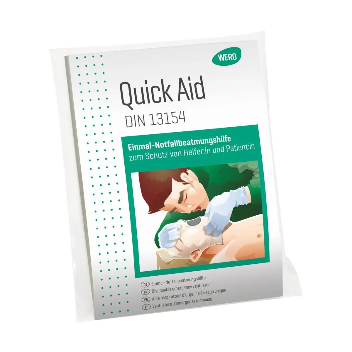 Weiße Verpackung der WERO Quick Aid Einmal-Notfallbeatmungshilfe mit grünem Label, FFP3-Filter und Anwendungsgrafik zur sicheren Beatmung.