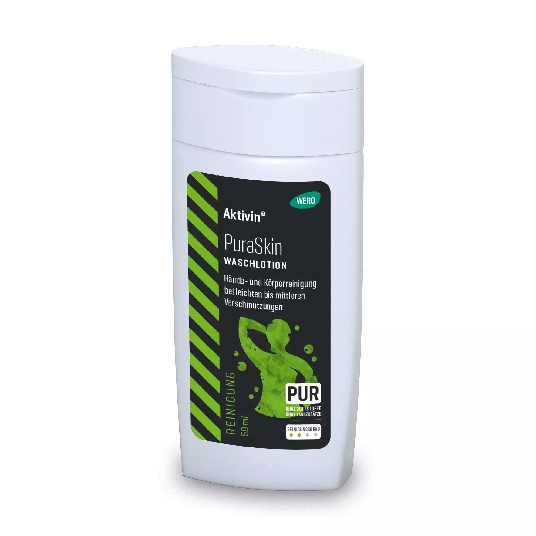 Weiße Flasche Waschlotion Aktivin® PuraSkin mit schwarzem Etikett, 50 ml, parfüm- und farbstofffrei, für Hände und Körper geeignet.