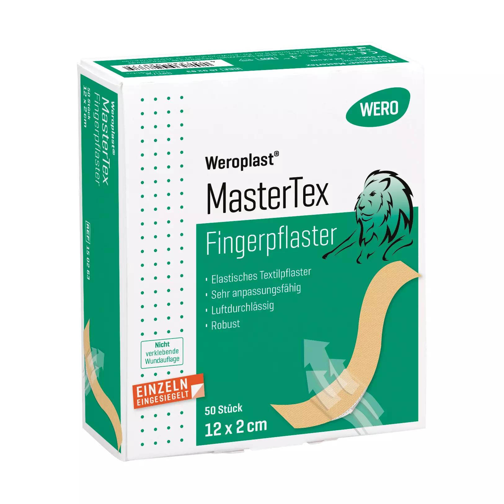 Weiße Schachtel Fingerpflaster Weroplast® MasterTex, mit grünem Etikett, Löwenbild und Hinweis auf 50 Stück aus anpassungsfähigem, textilen Gewebe