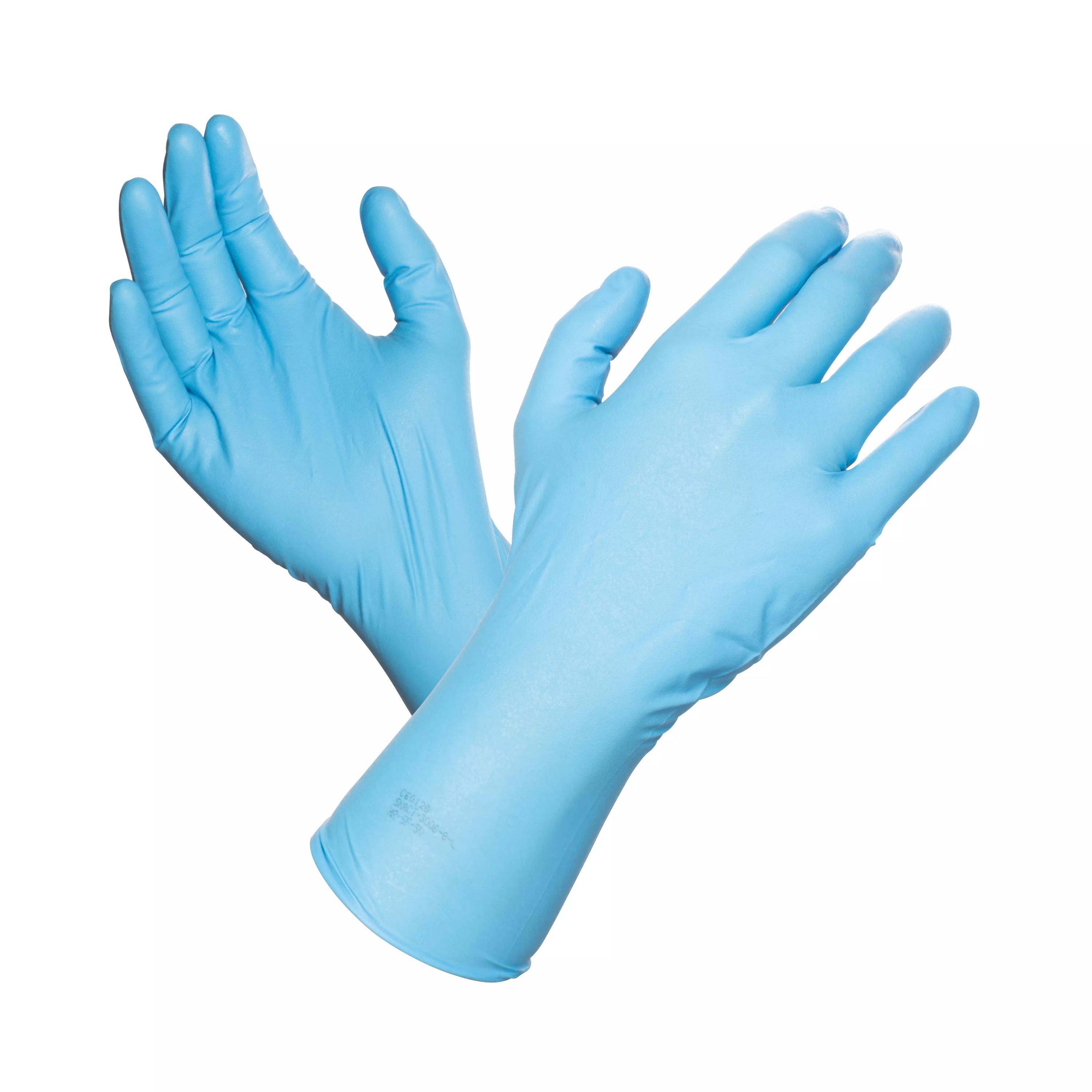 Zwei Einmal-Chemikalienschutzhandschuhe Nitril Premium in Blau, mit doppelter Schichtstärke, liegen leicht geöffnet und gefaltet aufeinander.