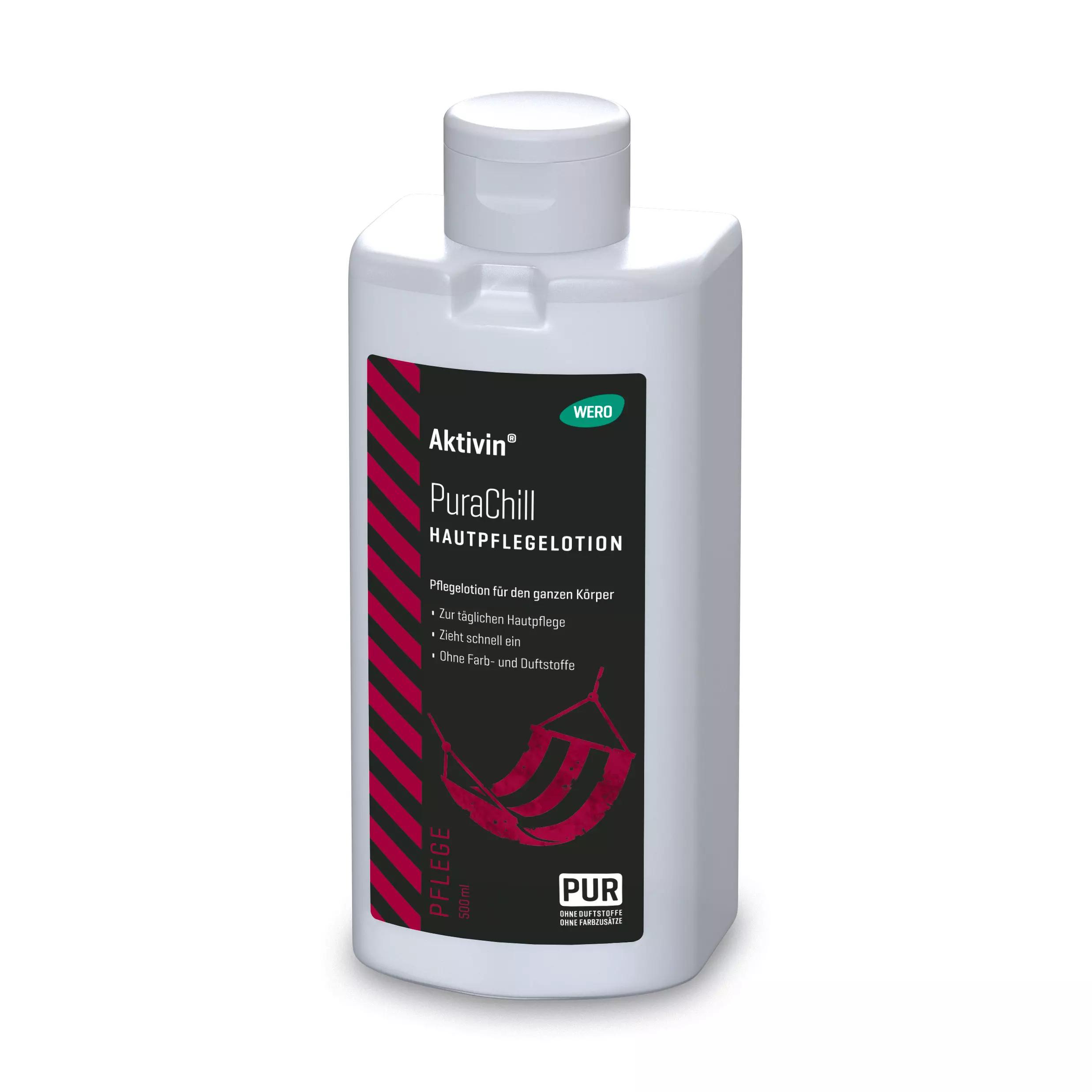 Weiße Flasche Hautpflegelotion Aktivin® PuraChill mit schwarzem Etikett, rotem Logo, 500 ml, enthält Shea Butter, Mandelöl und Vitamin E.