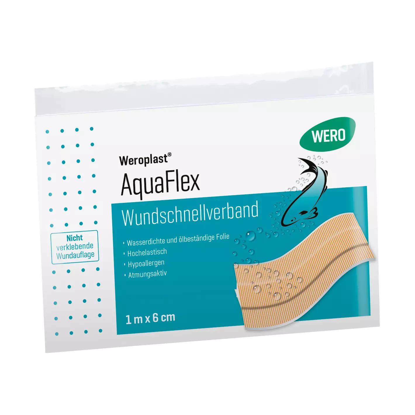 Das Bild zeigt eine Verpackung des Wundschnellverbands Weroplast® AquaFlex - 6 cm, 1 m mit Fischsymbol, Angaben zur Wasserfestigkeit und Sichtfenster.