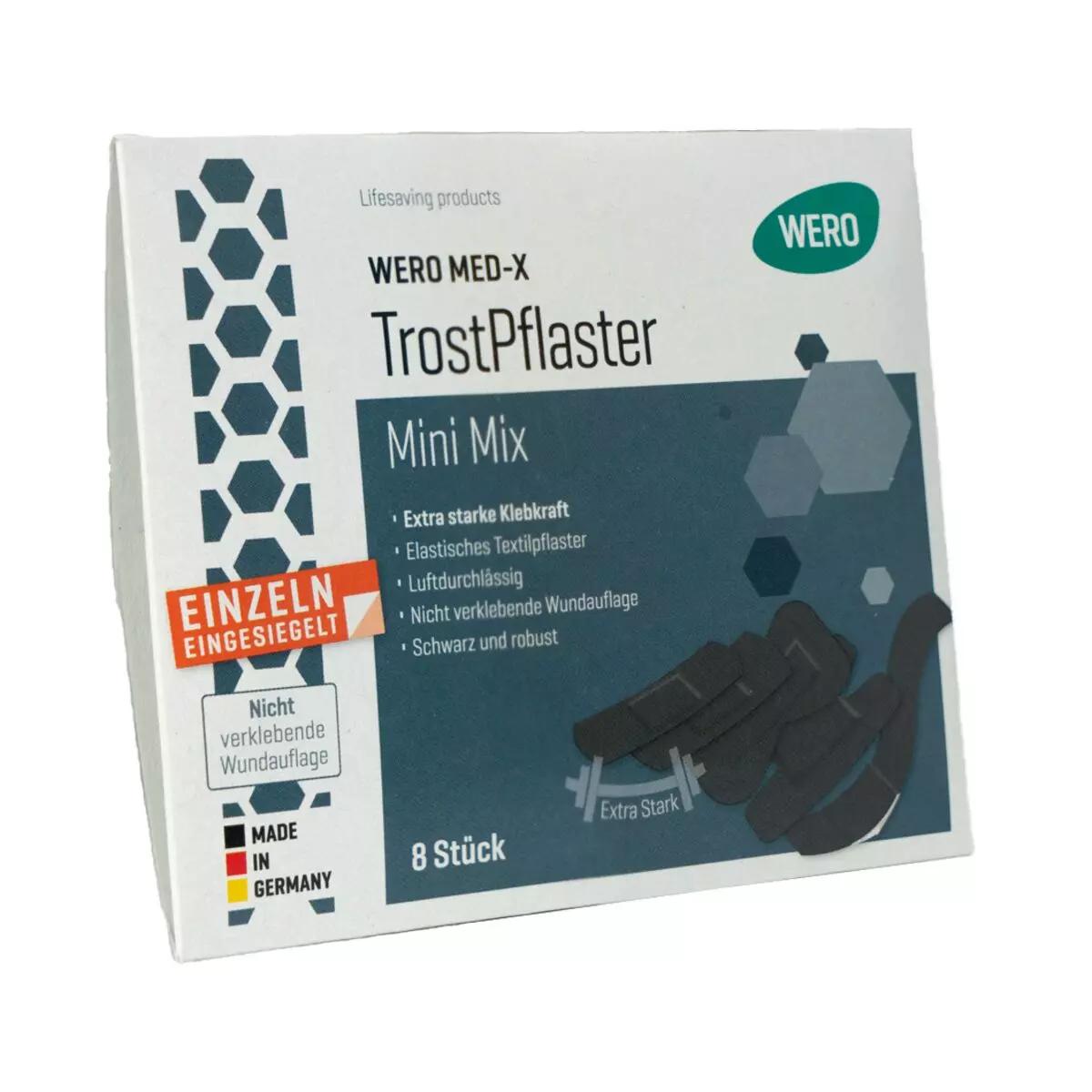 Weiße Box WERO MED-X® TrostPflaster Mini Mix mit blauer Kennzeichnung, extra starker Klebkraft, schwarze textile Pflasterstreifen sichtbar.
