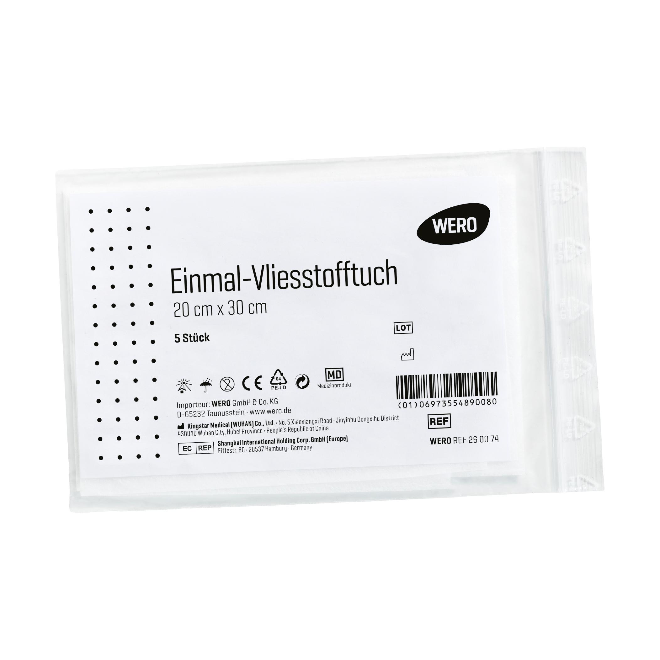 Versiegelte Verpackung des Einmal-Vliesstofftuch für DIN 13157 / 13169, mit Herstellerangaben, Barcode und Stückzahl 5, Größe 20 x 30 cm.