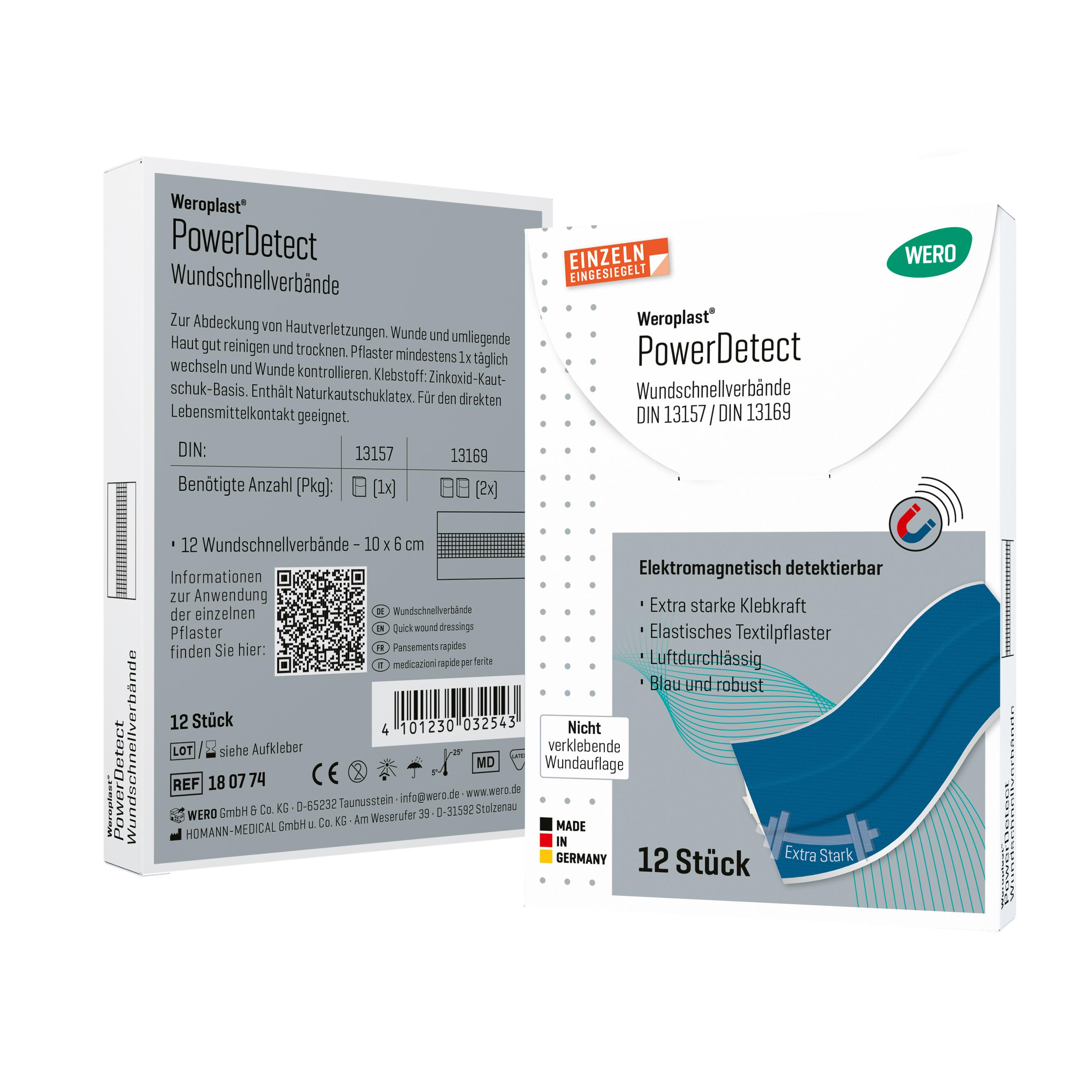 Die Verpackung von Weroplast® PowerDetect - Wundschnellverbände DIN 13169 zeigt Angaben zu detektierbarem, blauem Textilgewebe mit Aluminiumstreifen und verstärkter Klebkraft.