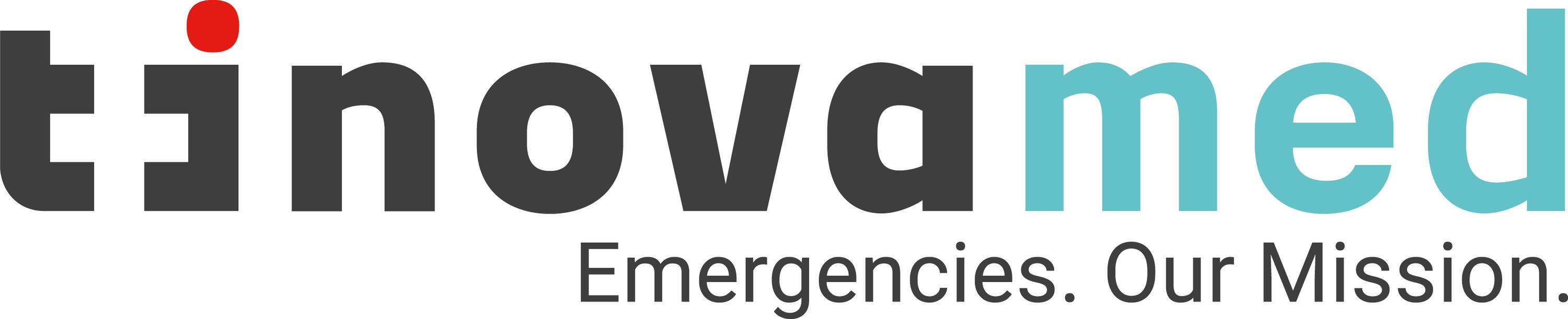 TinovaMed Logo mit rotem Punkt über dem i und Slogan "Emergencies. Our Mission."