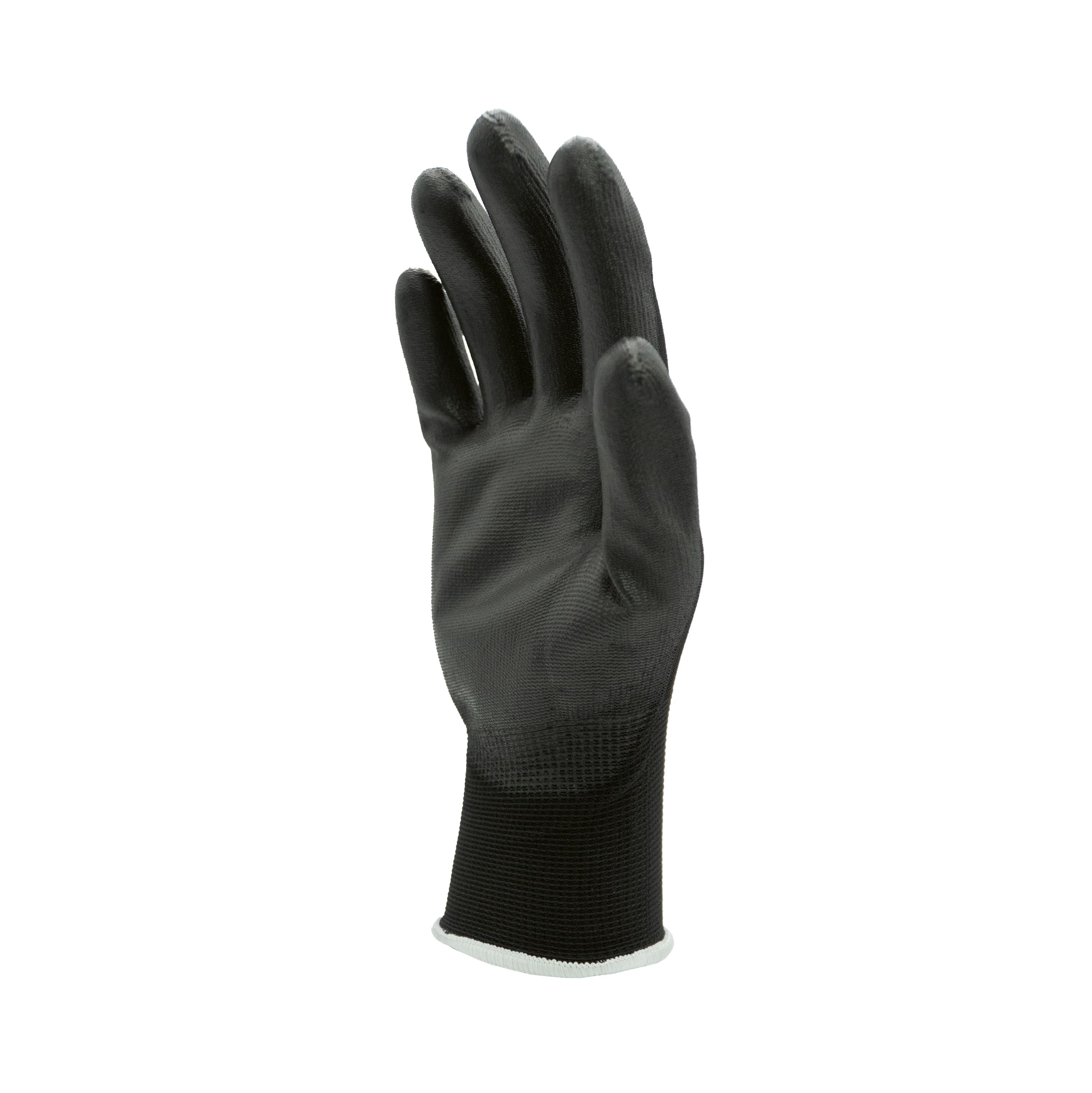 Feinstrickhandschuh WERO Allrounder, schwarz, mit orangefarbenem Bündchen, PU-beschichtet, leicht und flexibel, Rückansicht seitlich.