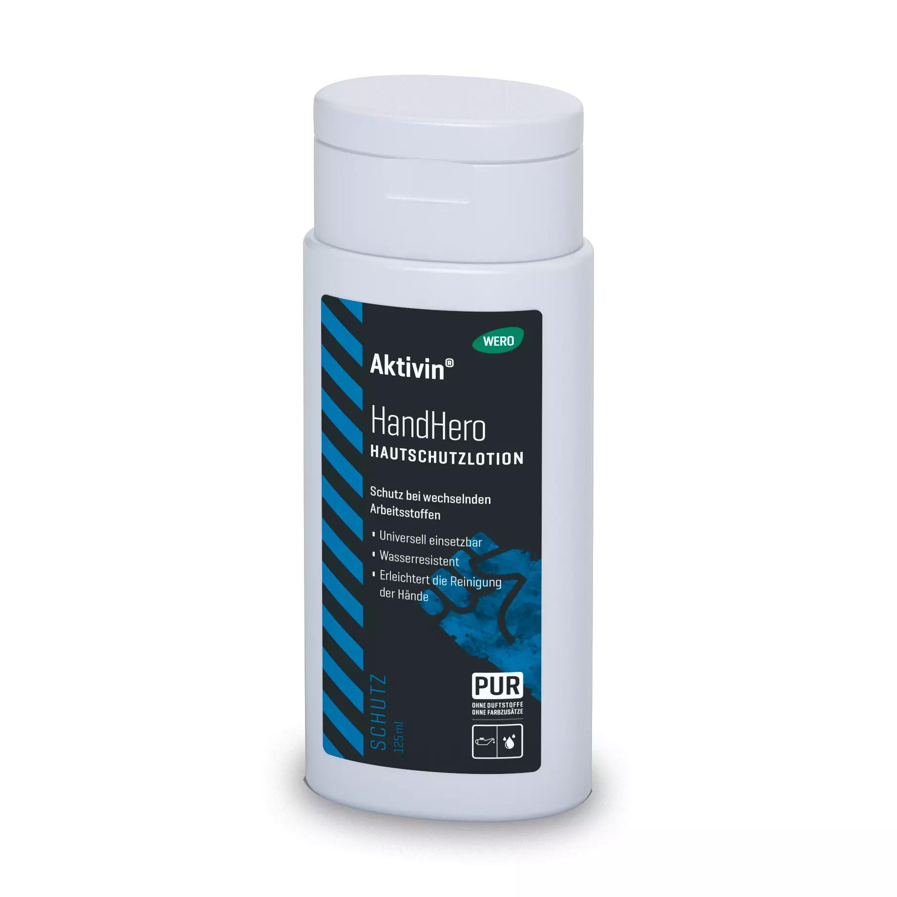 Weiße 125-ml-Flasche Hautschutzlotion Aktivin® HandHero mit blau-weißer Beschriftung, flip-top Deckel, frei von Duft- und Farbstoffen.