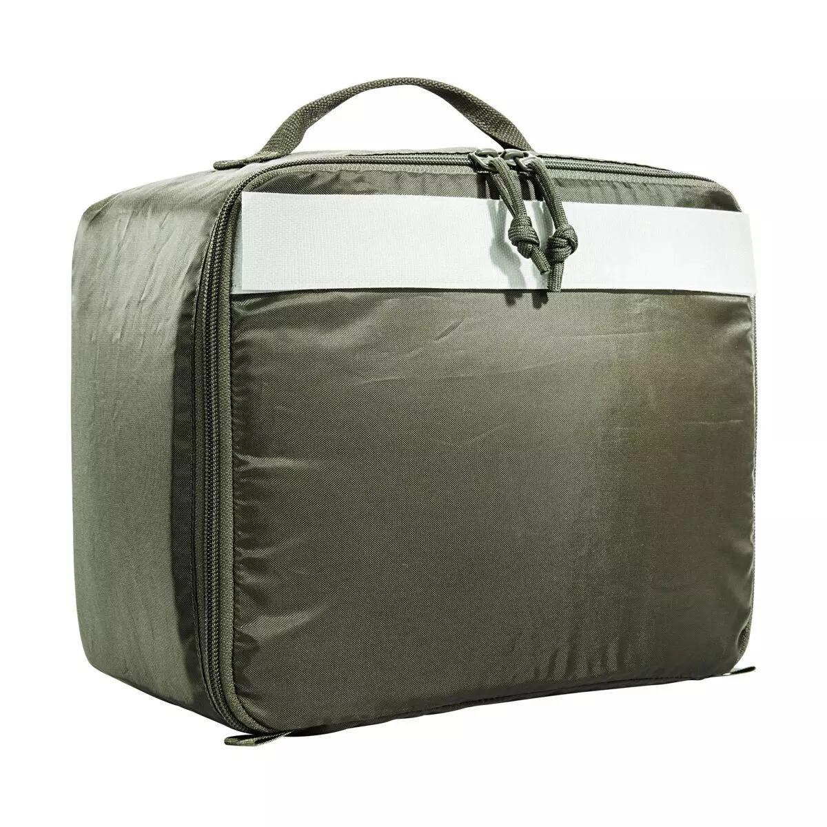 Eine dunkelgrüne TT Modular Medic Insert 30 VL Tasche mit weißem Streifen, robustem Tragegriff und Reißverschluss, ideal für geordnete Aufbewahrung.