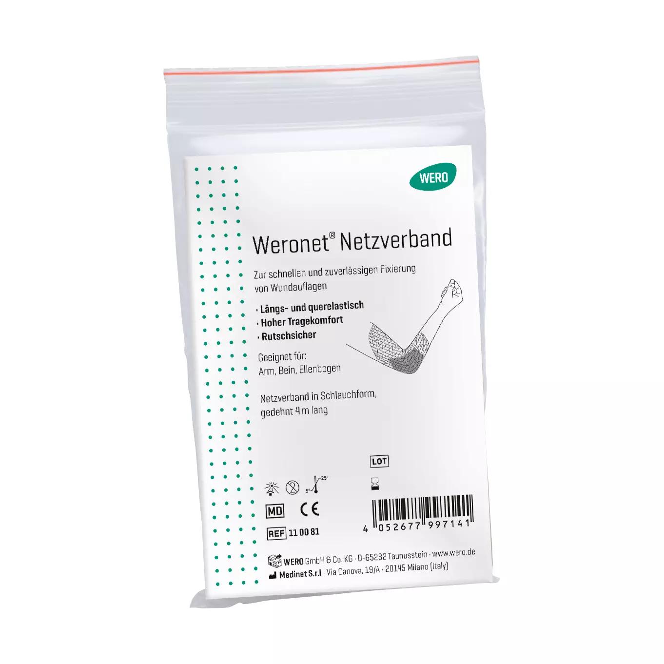 Ein verschlossenes Paket Weronet® Netzverband mit grünem Etikett enthält einen hochflexiblen, komfortablen Netzverband zur schnellen Fixierung von Wundauflagen.