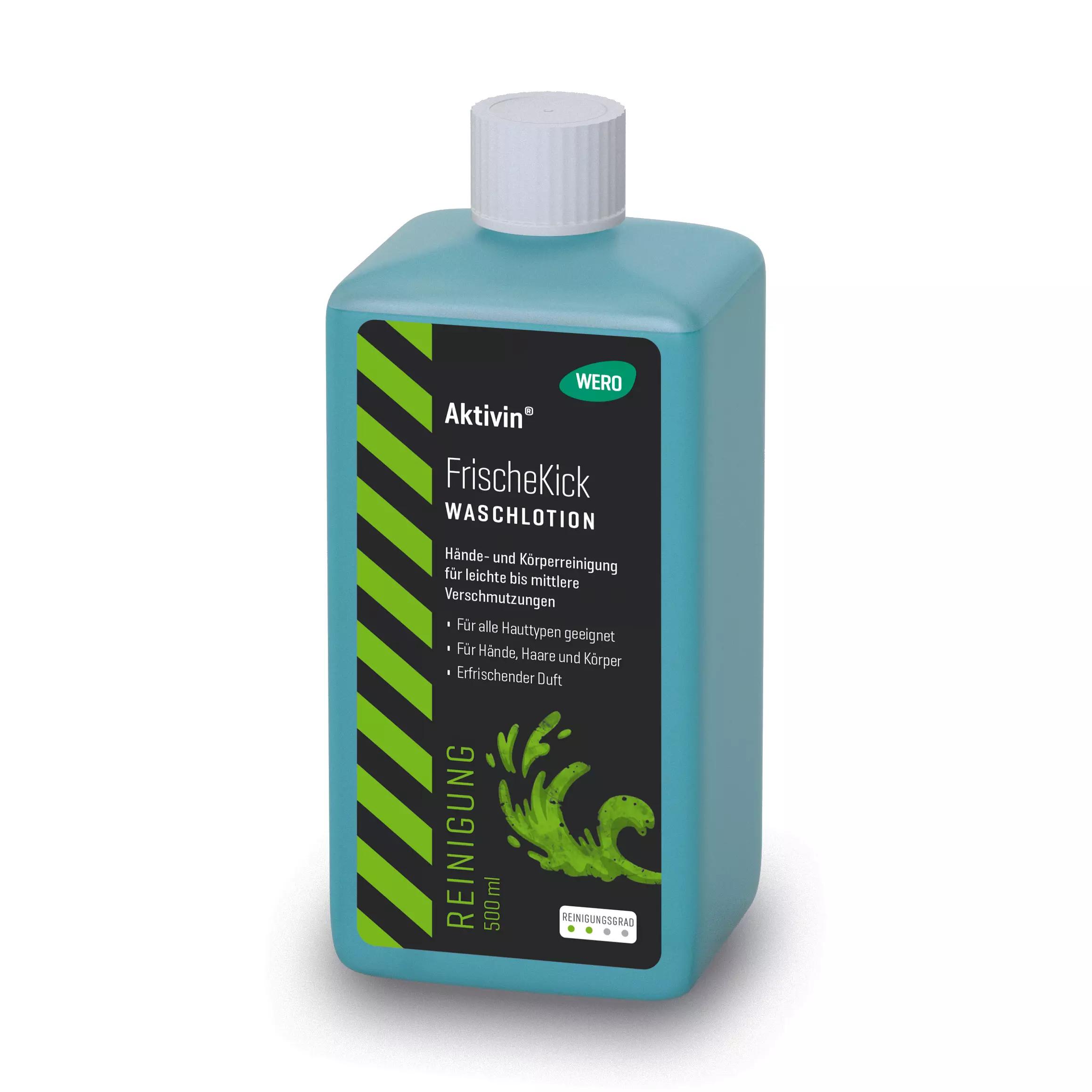 Eine hellblaue Flasche Waschlotion Aktivin® FrischeKick mit weißem Deckel, schwarzem Etikett und 500 ml Füllmenge steht aufrecht.