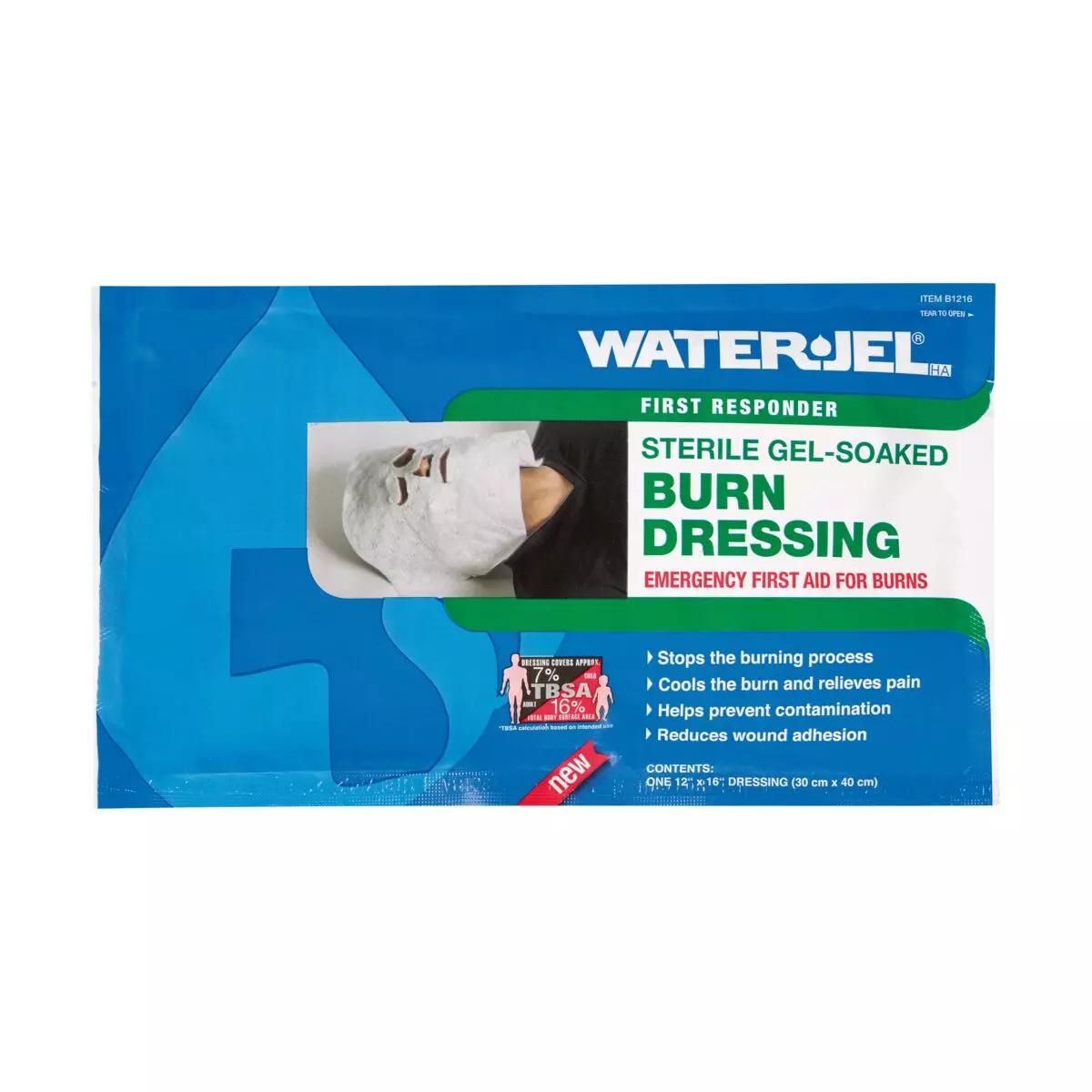 Sterile WATER-JEL® HA First Responder Gesichtskompresse in blauer Verpackung, mit extra Ausschnitten für Augen, Nase und Mund, 30 x 40 cm.