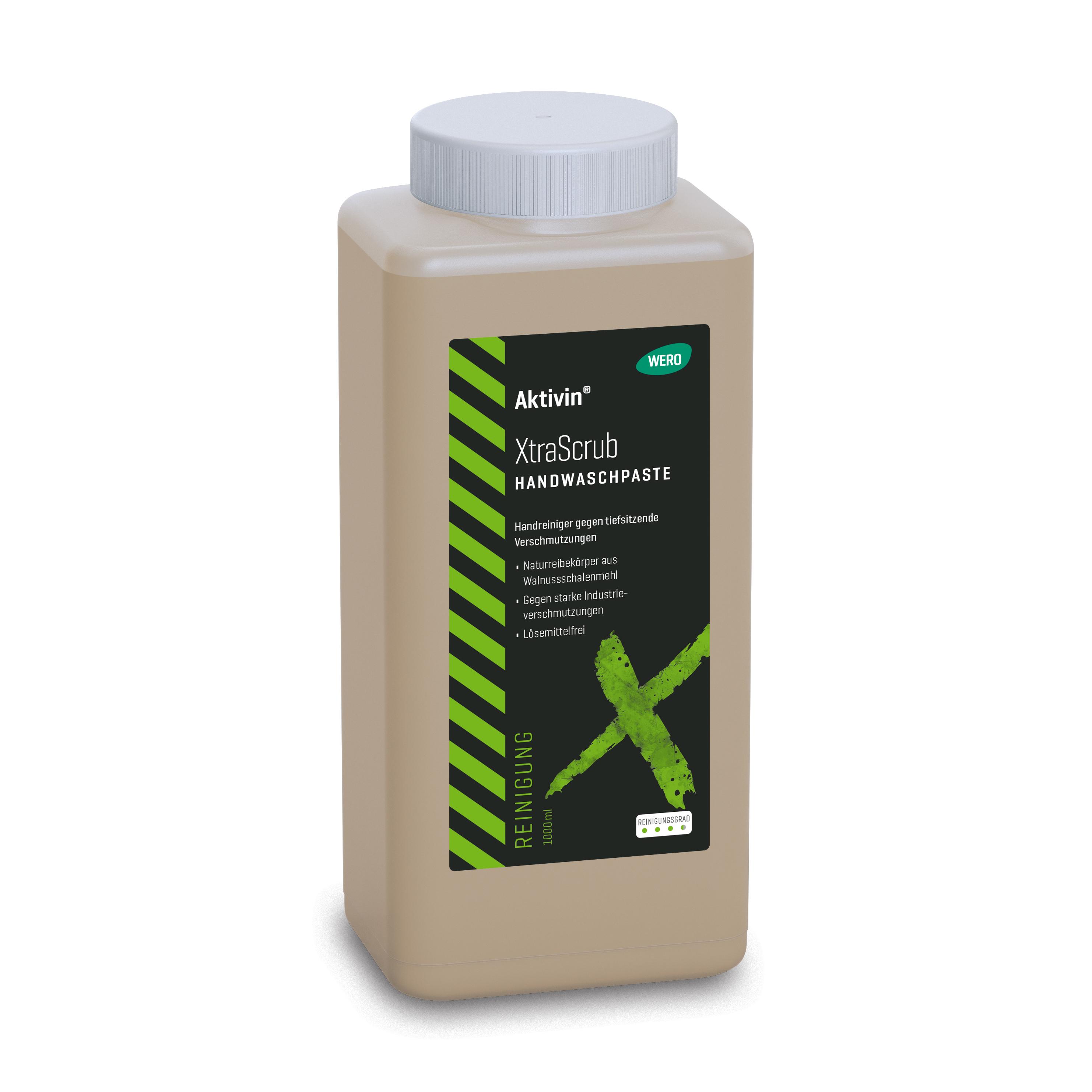 Quadratische Euroflasche Hautreinigung Aktivin® XtraScrub mit weißem Deckel, schwarzem Etikett, grünem Design und 1000 ml Volumen vorne sichtbar.