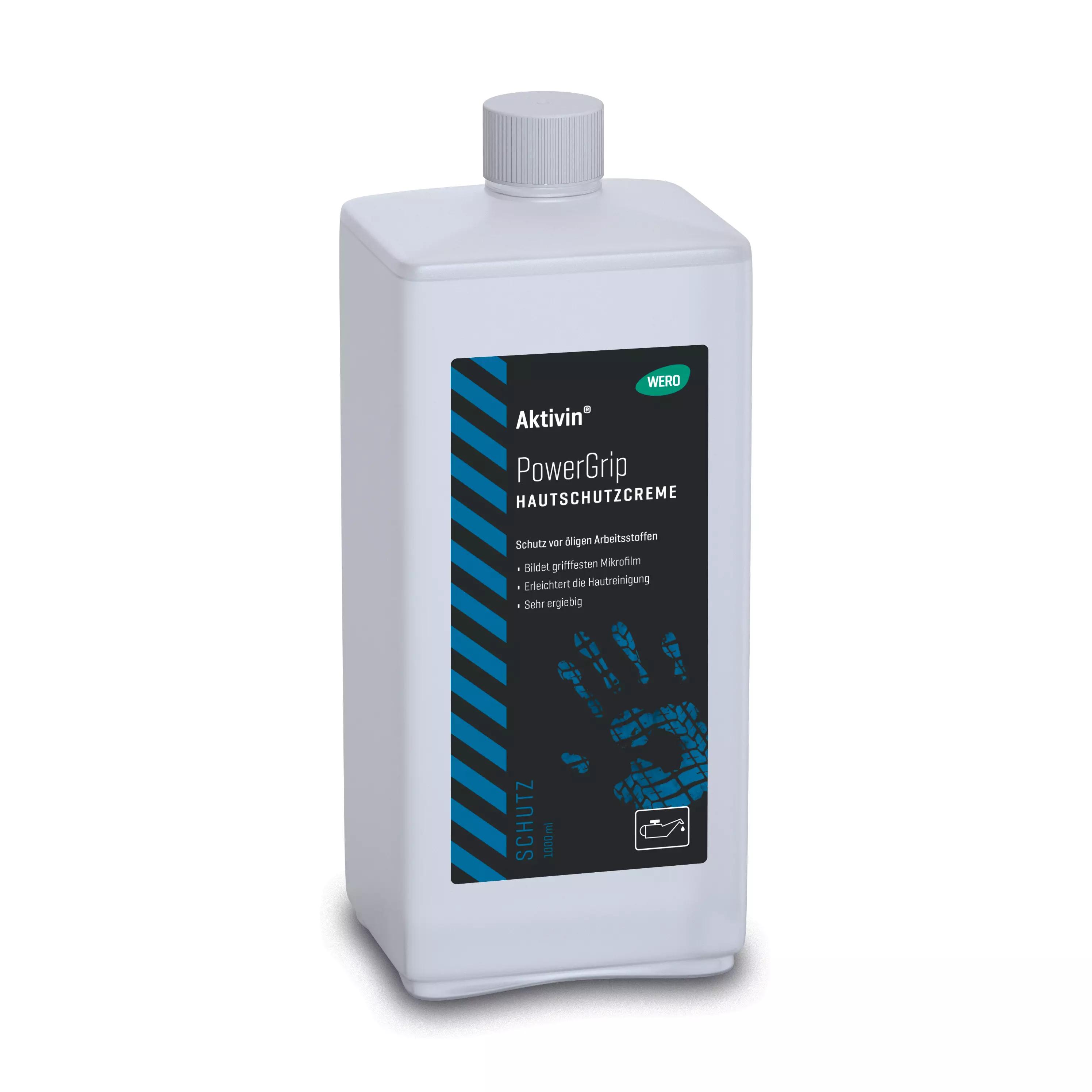 Eine weiße, rechteckige 1.000-ml-Flasche Hautschutzcreme Aktivin® PowerGrip mit blauem Streifen, Twist-off-Verschluss und markanter schwarzer Etikettierung.