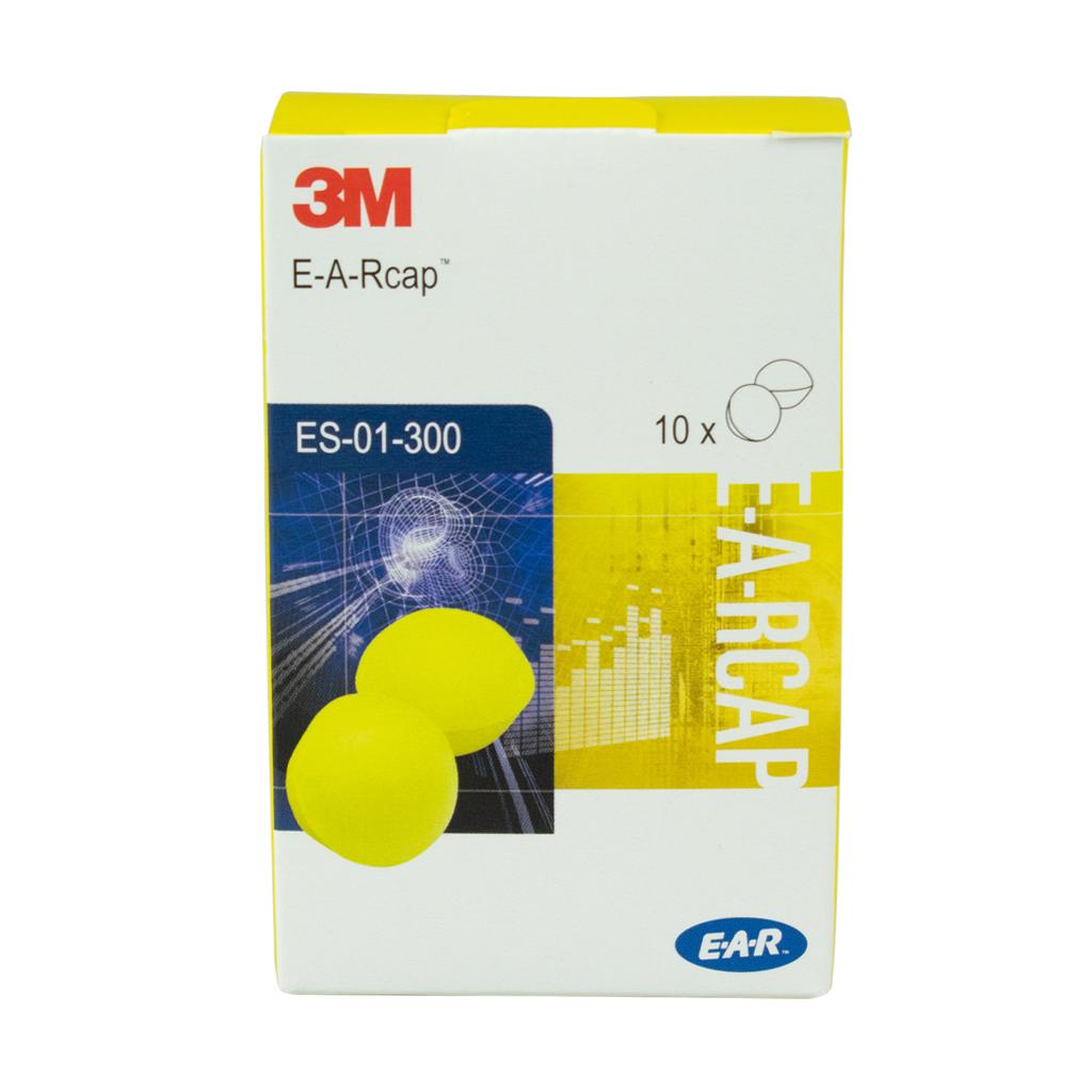Eine weiße und gelbe Box Schaumstoff-Ersatzstöpsel für E-A-Rcaps™ und Flexicap™ mit Produktname, Mengenangabe und Herstellerlogos.