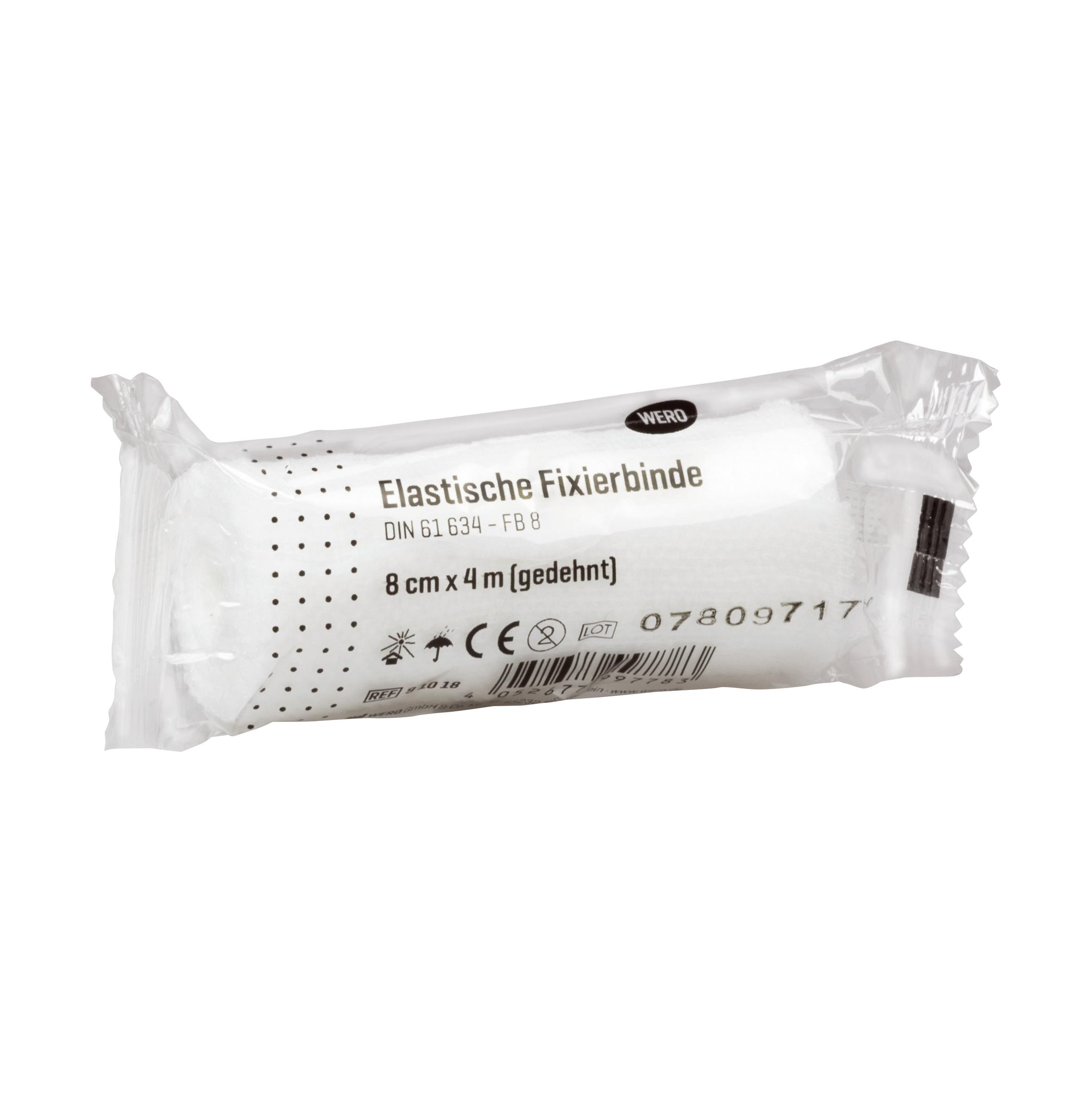 Eine einzeln verpackte Mullbinde Elastische Fixierbinde DIN 61634 mit ca. 180 % Dehnfähigkeit und weichem, luftdurchlässigem Gewebe.