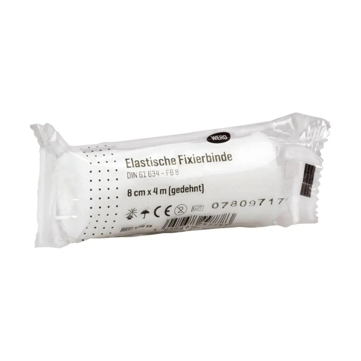 Eine einzeln verpackte Mullbinde Elastische Fixierbinde DIN 61634 mit ca. 180 % Dehnfähigkeit und weichem, luftdurchlässigem Gewebe.