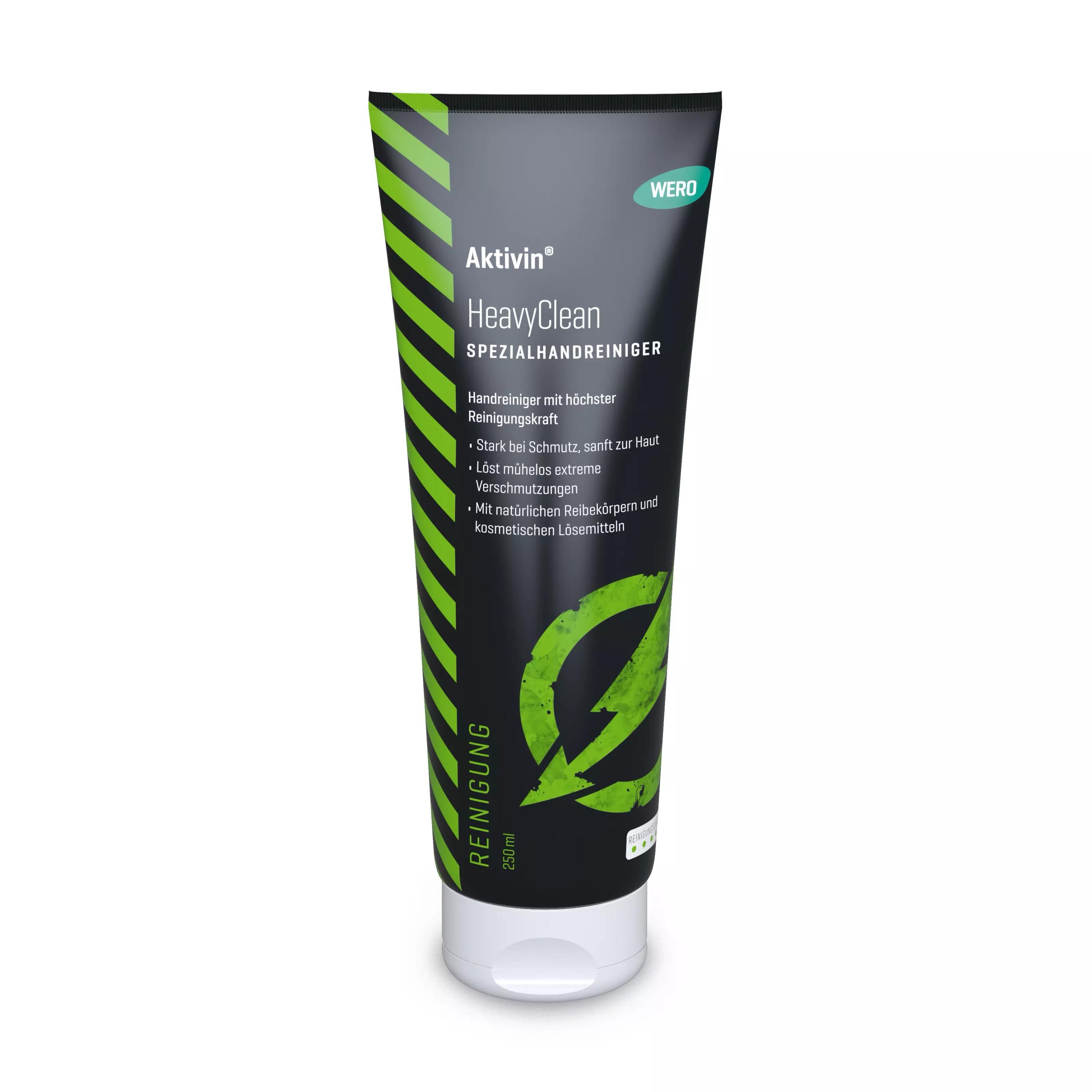 Schwarze Tube Spezialhandreiniger Aktivin® HeavyClean mit grünen Akzenten, 250 ml, entfernt starke Verschmutzungen, enthält hautschonende Spezialreibekörper.