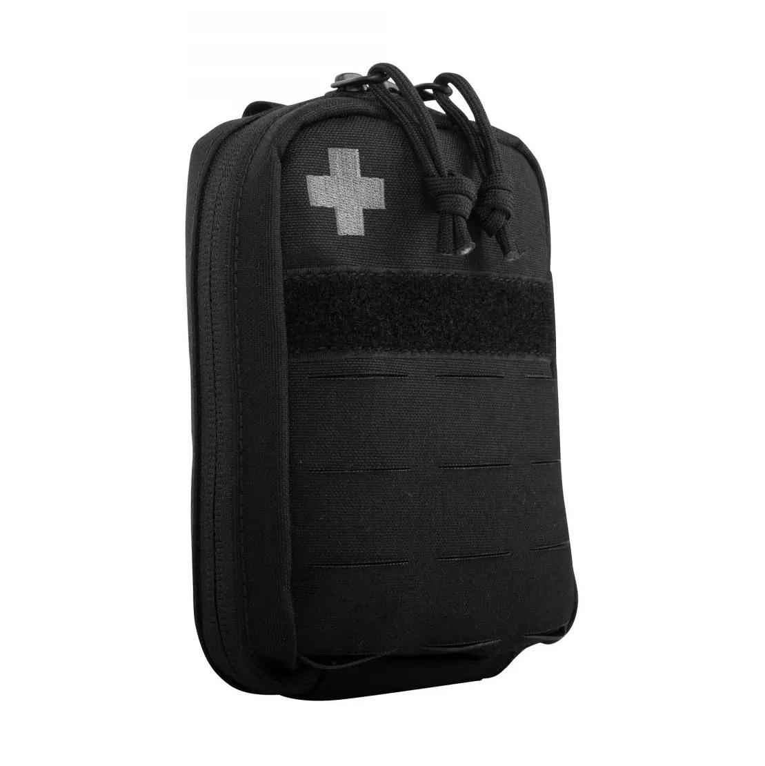 Schwarzes, taktisches Verbandkasten mit weißem Kreuz, Reißverschluss oben und verstellbarem Tragegurt, aus strapazierfähigem Material.