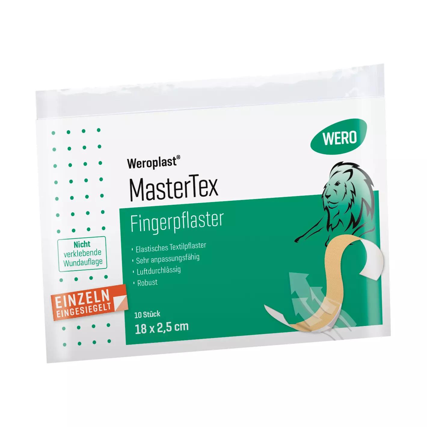 Fingerpflaster Weroplast® MasterTex - 2,5 cm, 10 Stk in weiß-grüner Faltschachtel mit elastischem Textilgewebe, sehr anpassungsfähig, luftdurchlässig.