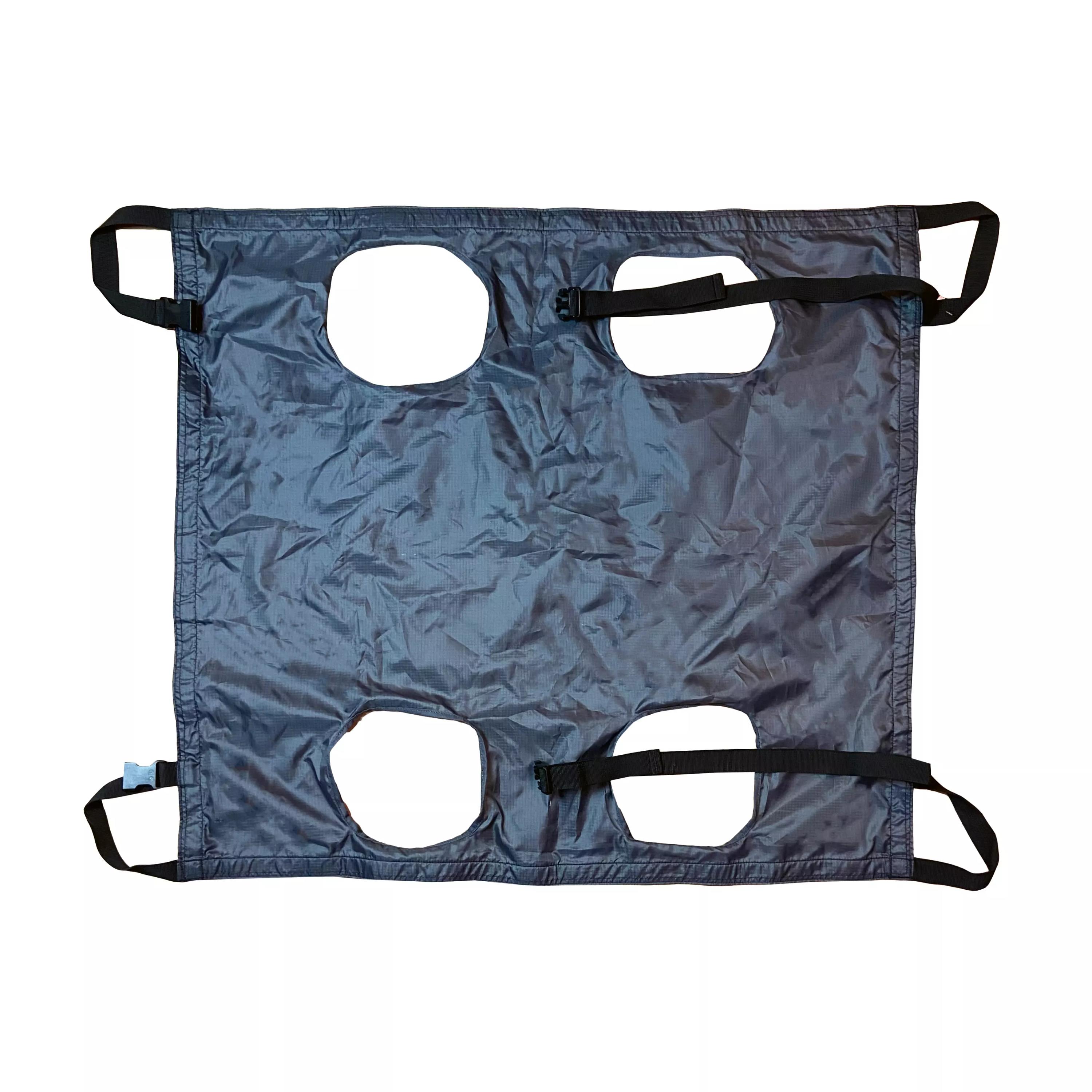 Eine graue Rescue Essentials K9 QuikLitter - Tragetuch für Diensthunde - Mittel aus robustem Ripstop-Material mit vier länglichen Beinöffnungen und schwarzen Tragegurten.