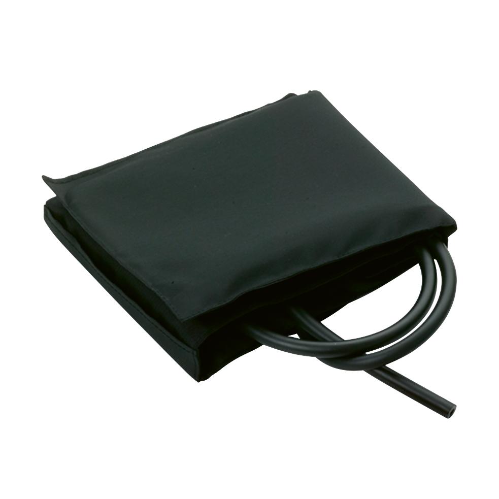 Schwarze Blutdruck-Klettmanschette für starke Arme aus flexiblem Gewebe mit zwei schwarzen Schläuchen und Klettverschluss, offen dargestellt.