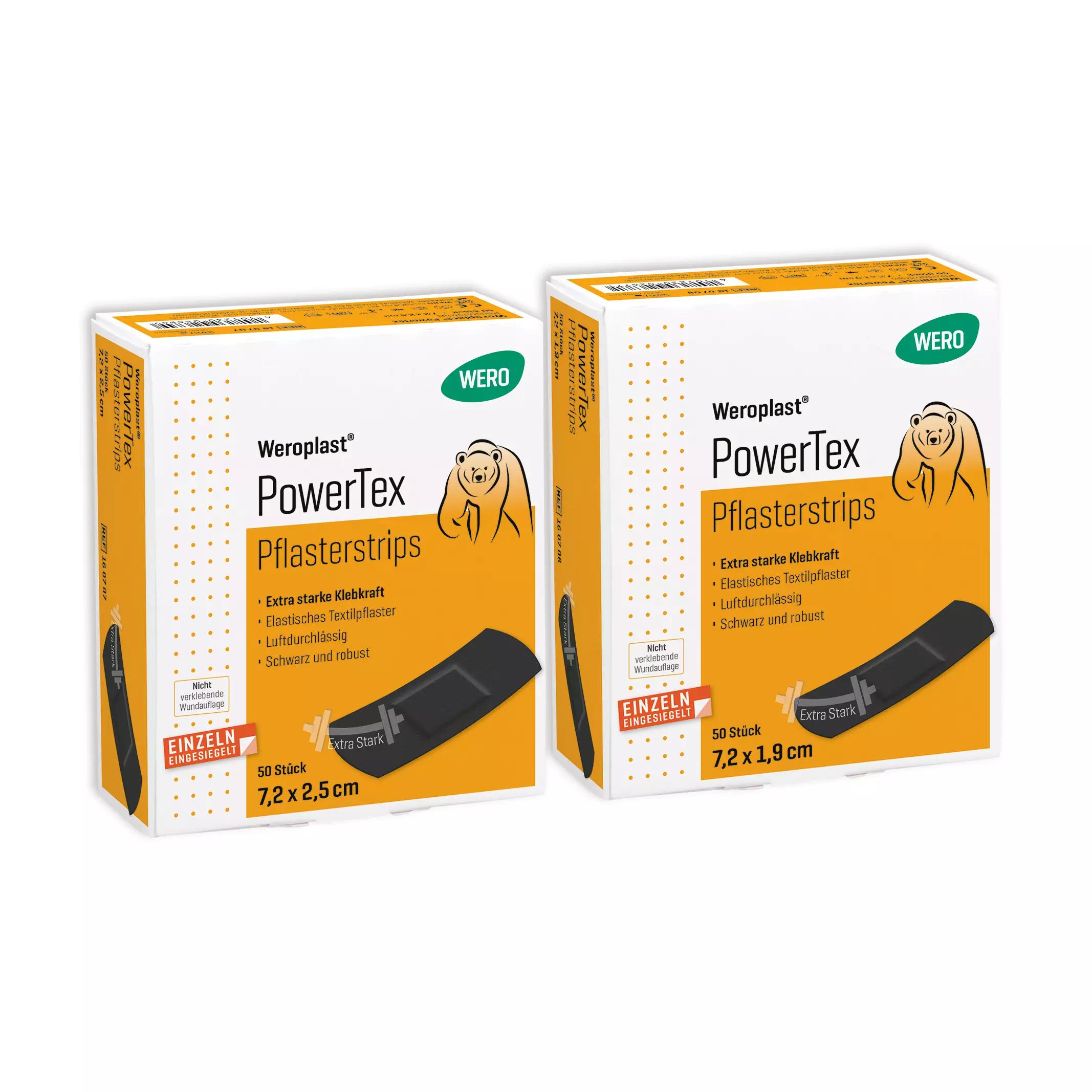 Zwei Packungen Pflasterstrips Weroplast® PowerTex mit verstärkter Klebkraft, schwarzem Gewebe und hoher Belastbarkeit liegen nebeneinander.