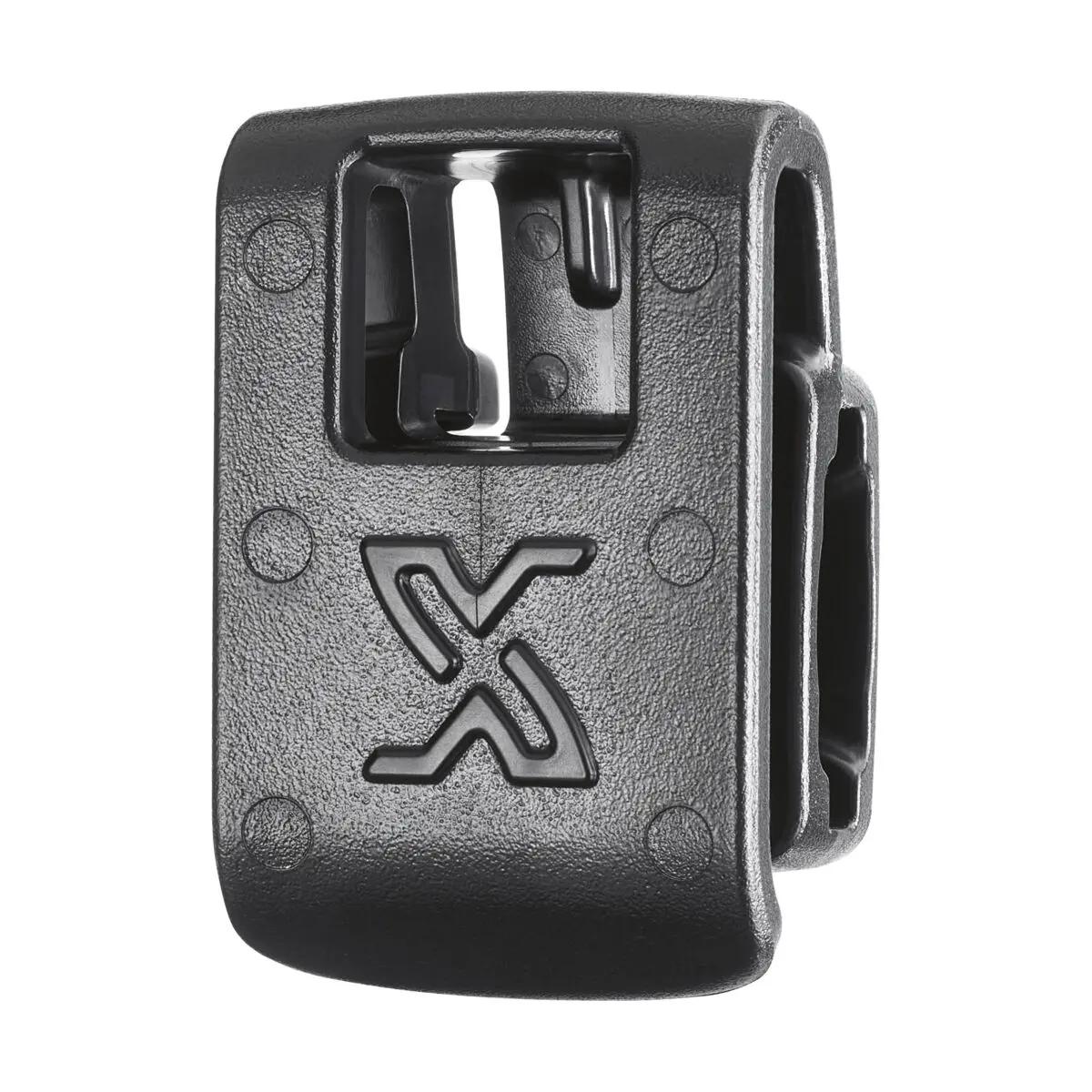 Ultraleichtes XSHEAR® Micro Holster/Halter aus schwarzem Kunststoff mit X-Logo, rechteckig gewölbt, mit zentralem Ausschnitt und Befestigungslöchern.
