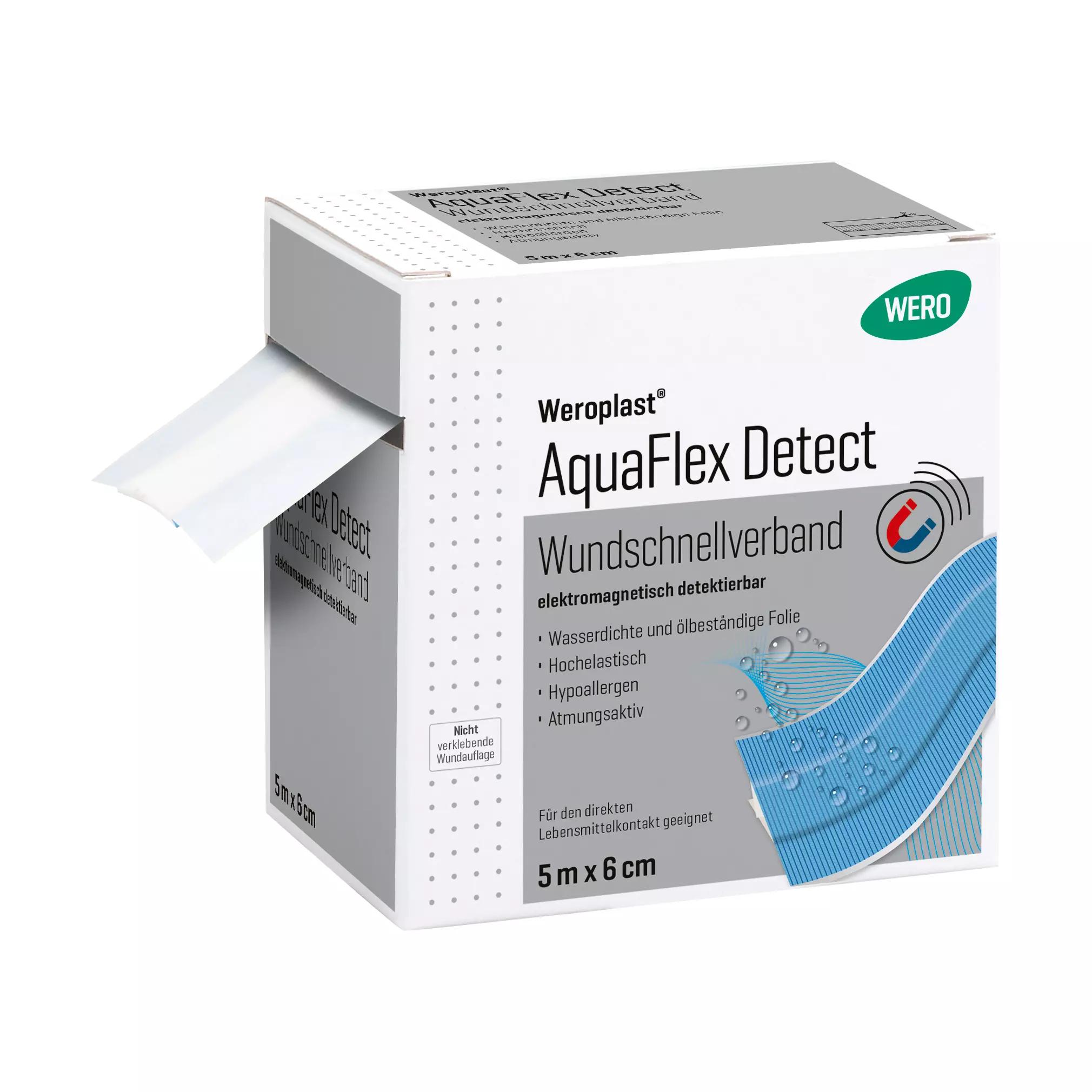 Weiße Kartonbox mit "Weroplast AquaFlex Detect" Beschriftung, enthält einen selbstklebenden Band, 5m x 6cm, wasserfest und magnetisch.