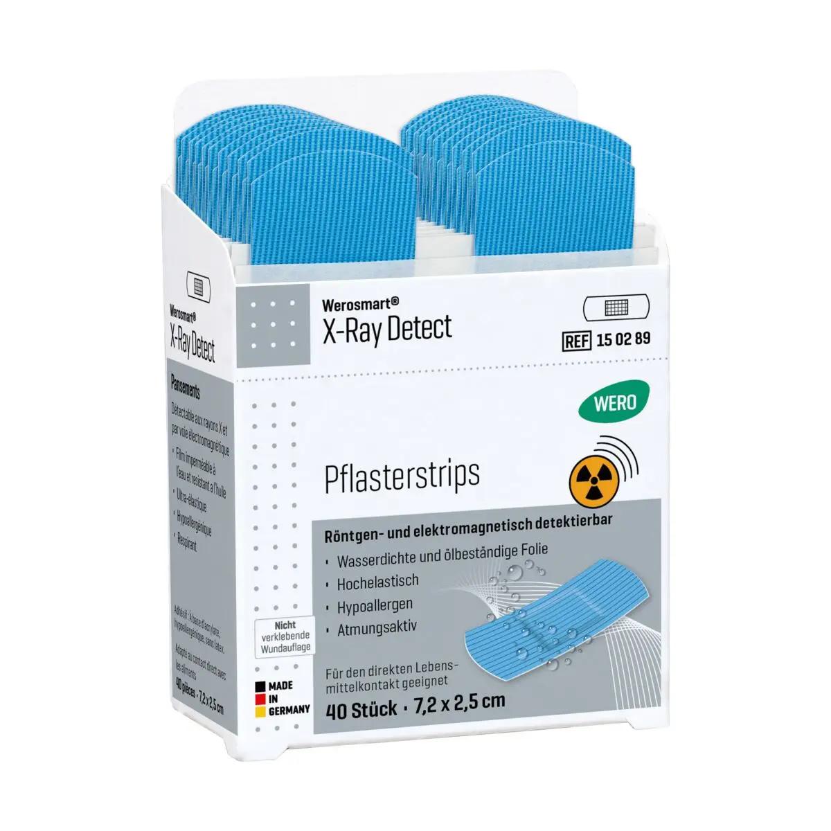 Werosmart® X-Ray Detect Pflasterspender-Einsätze Pflasterstrips Packung mit blauen, röntgen- und metalldetektierbaren, 7,2 cm langen Pflasterstrips.