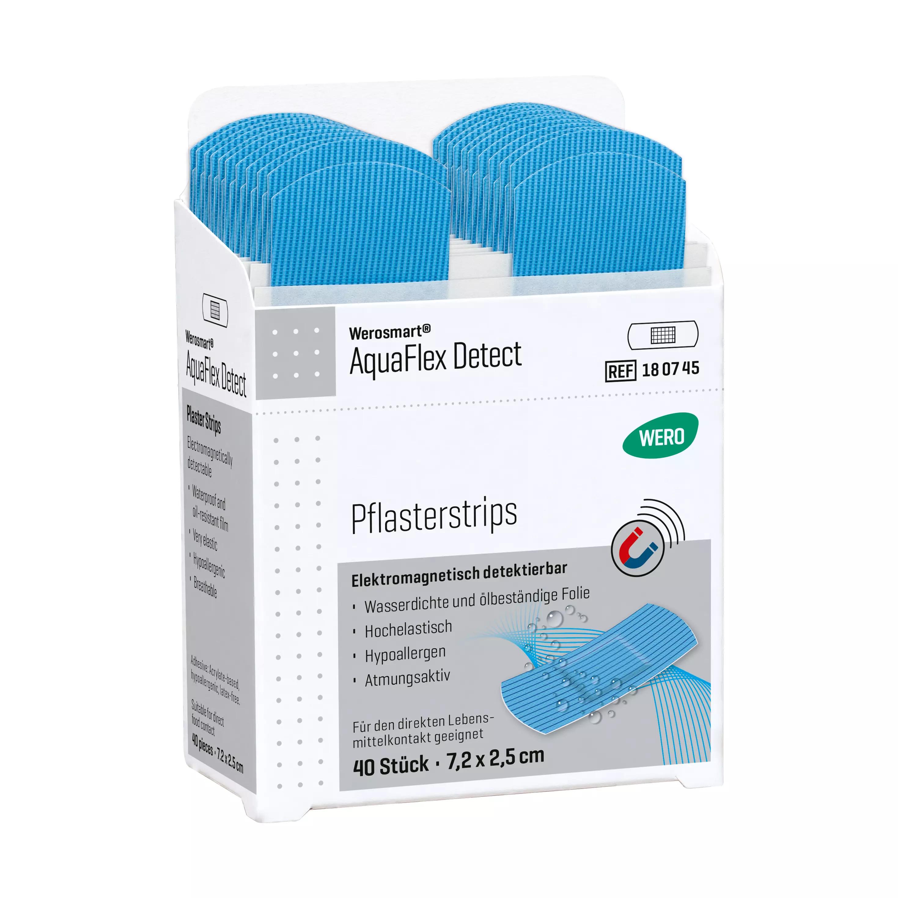 Die Verpackung von Werosmart® AquaFlex Detect Pflasterspender-Einsätze Pflasterstrips zeigt 40 detektierbare, wasserdichte und ölbeständige Pflaster in blauer Folie.
