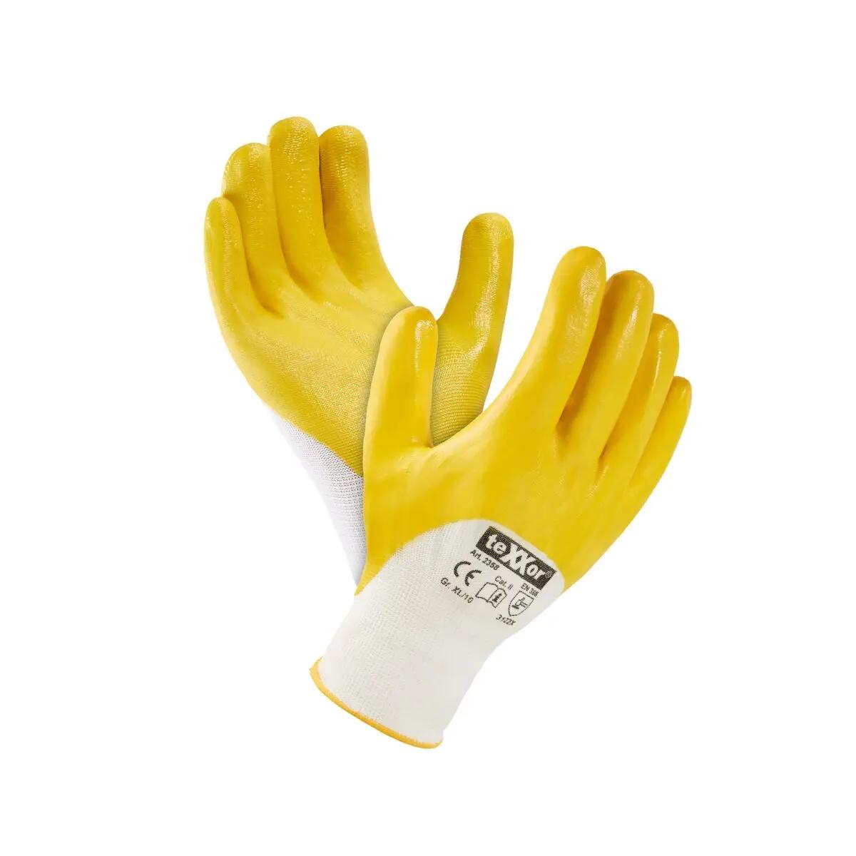 Texxor® Polyester-Strickhandschuhe NITRIL in Gelb mit weißer, strukturierter Nitril-Beschichtung, elastischem Bund und Sicherheitsaufdrucken.