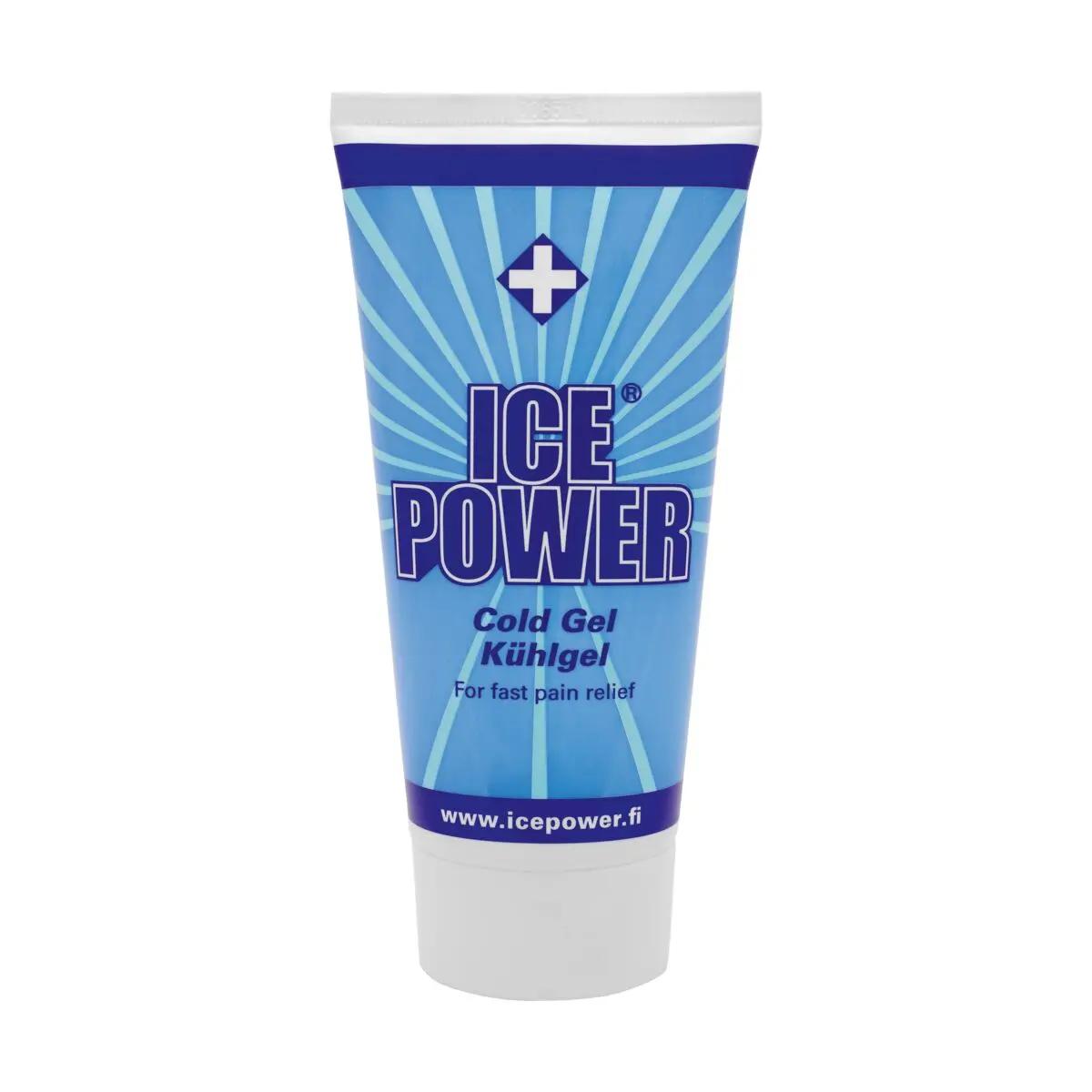 Eine 150-ml-Tube Kühlgel Ice Power mit blau-weißem Design, blauem Kreuz-Symbol und weißem Schraubverschluss steht aufrecht.