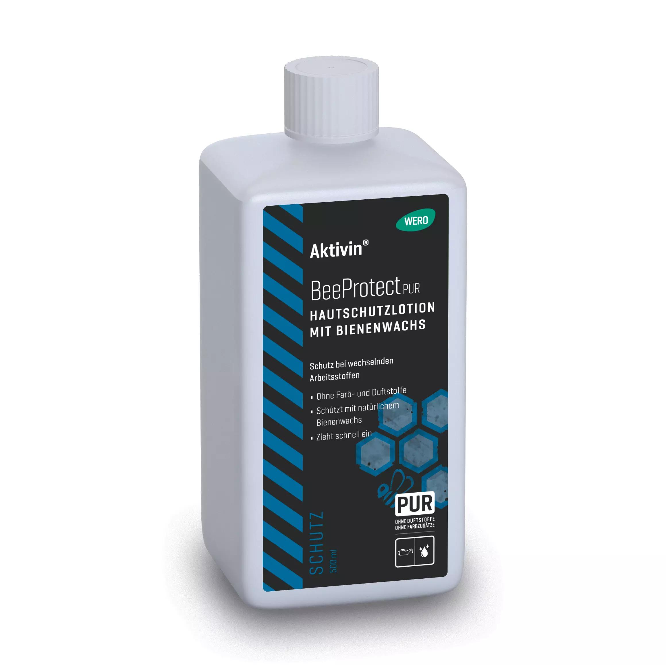 Weiße Flasche Hautschutzlotion Aktivin® BeeProtect PUR mit weißem Deckel, PUR-Siegel und Aufschrift „Hautschutzlotion mit Bienenwachs“.