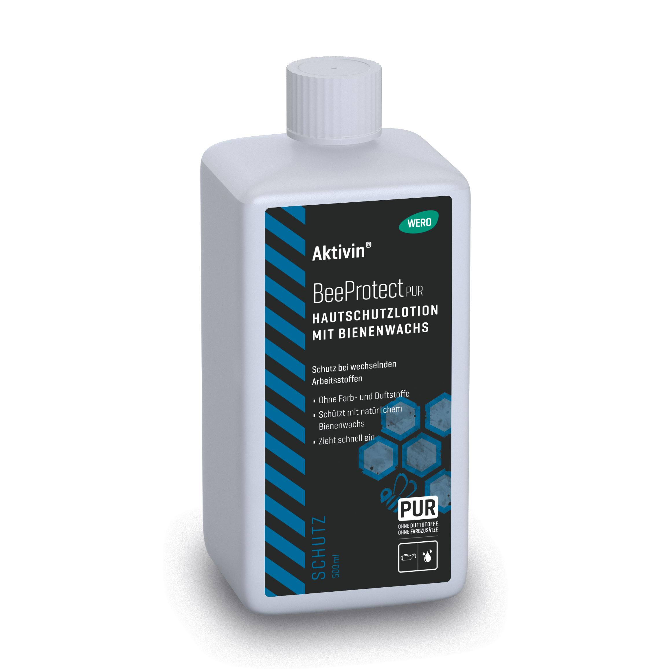Weiße Flasche Hautschutzlotion Aktivin® BeeProtect PUR mit weißem Deckel, PUR-Siegel und Aufschrift „Hautschutzlotion mit Bienenwachs“.