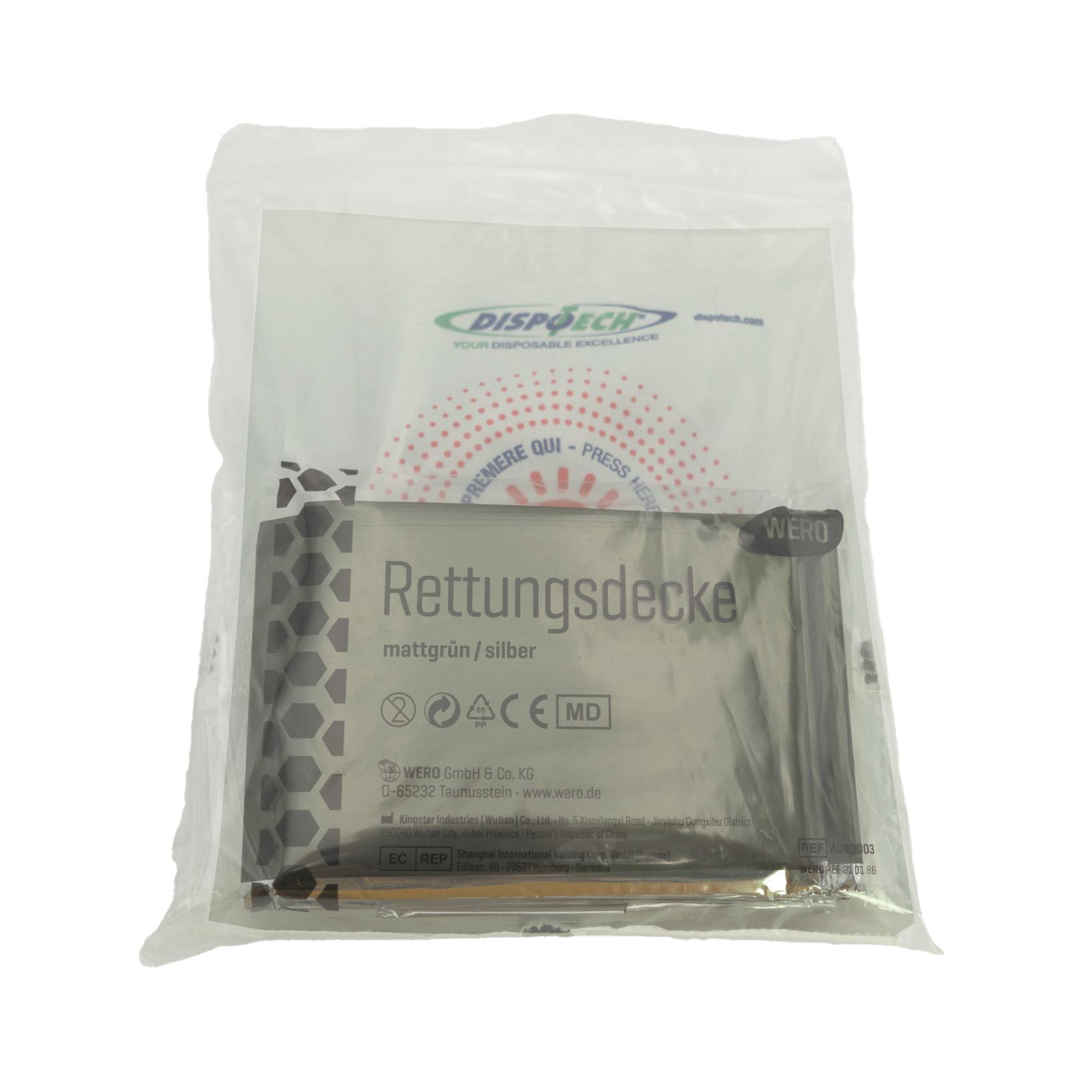 WERO MED-X® Hypothermie Bundle - Basic in transparenter Verpackung mit Rettungsdecke und Herstellerangabe, schwarz-weiße Produktbeschriftung.