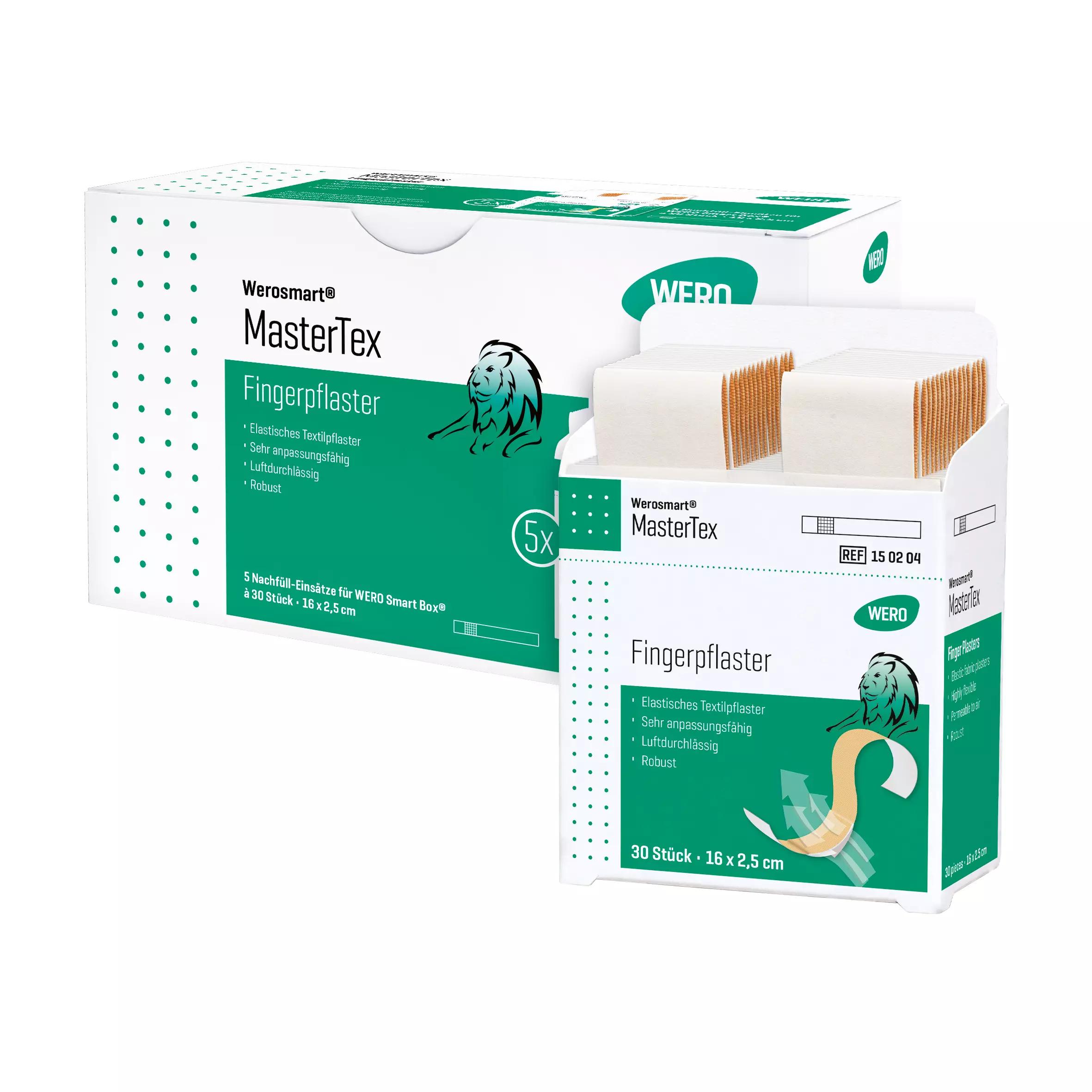 Zwei grüne Boxen Werosmart® MasterTex Pflasterspender-Einsätze Fingerpflaster mit großer Löwenabbildung und Fingerpiktogramm nebeneinander.