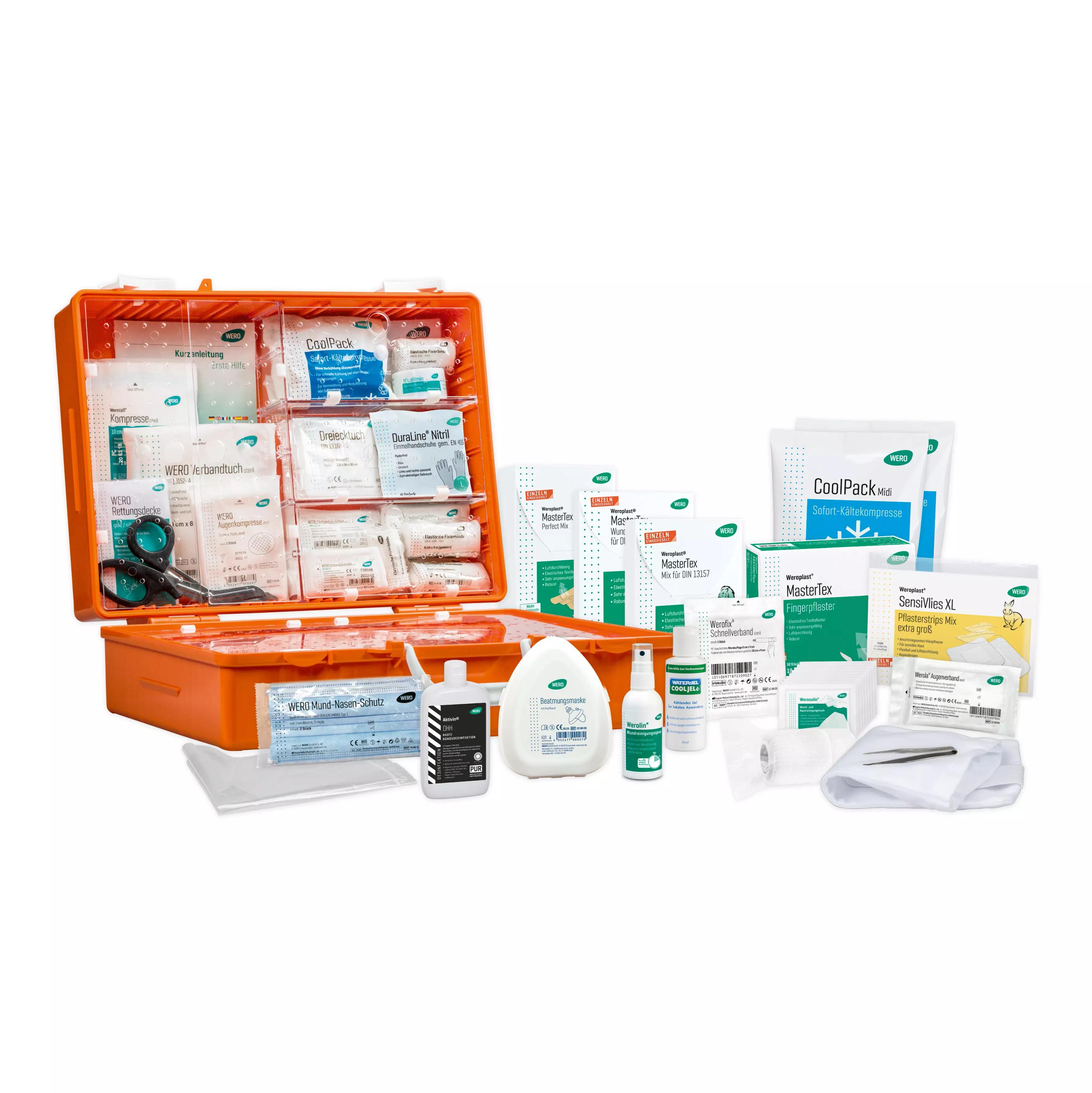 Offener Werotop® 450 Erste Hilfe Koffer Teeküche / Aufenthaltsraum DIN 13157 mit DIN-Füllung, Wundreinigungsspray und WERO CoolPack, alles übersichtlich sortiert.