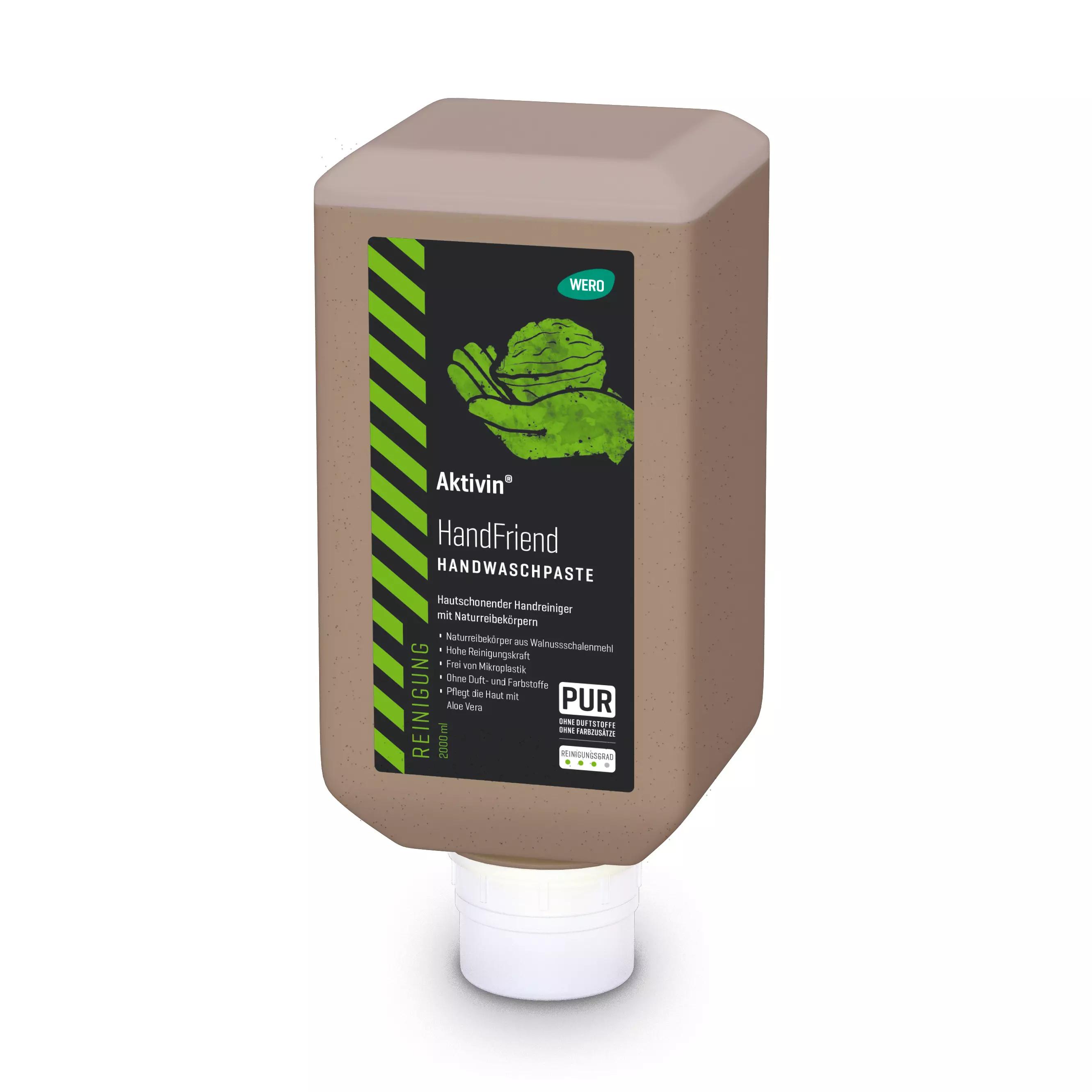 Braune Softflasche Handwaschpaste Aktivin® HandFriend mit schwarz-grünem Etikett, Naturreibekörpern aus Walnussschalenmehl und sehr hoher Reinigungskraft.