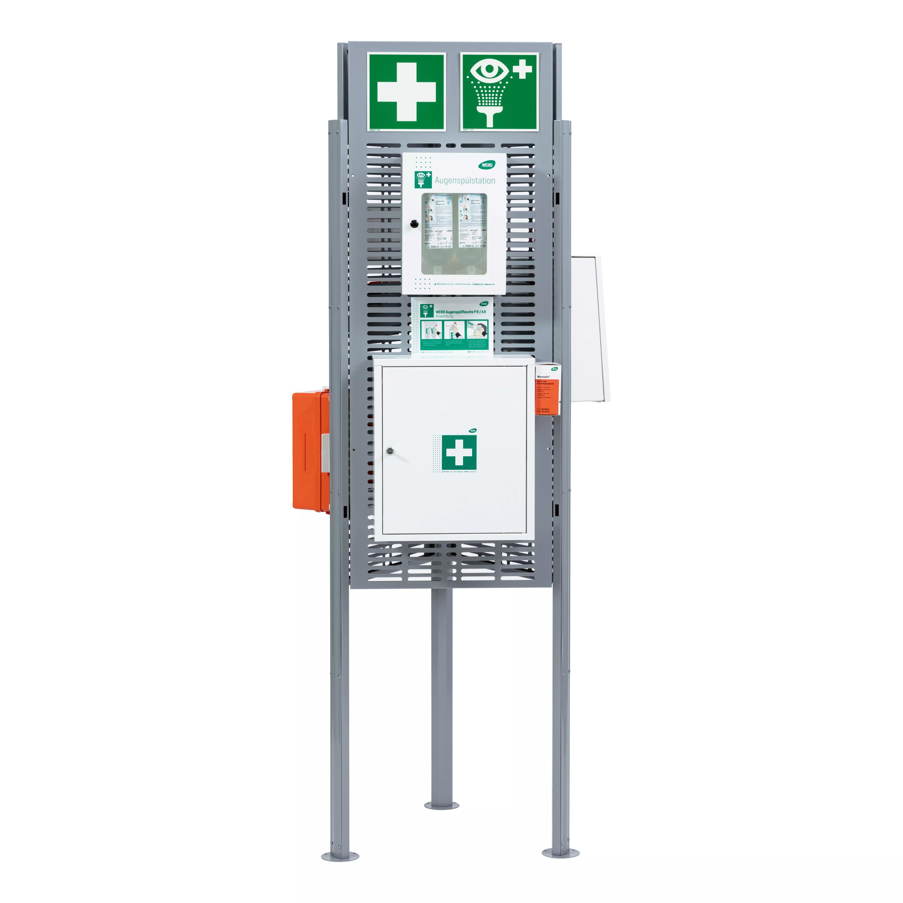 Ein hohes, graues Notfallmodul Weroflex® Station - 3-Seiten Komplett-Set mit grünen Kreuzsymbolen, weißen Erste-Hilfe-Schränken und integrierten Gerätepaneelen.