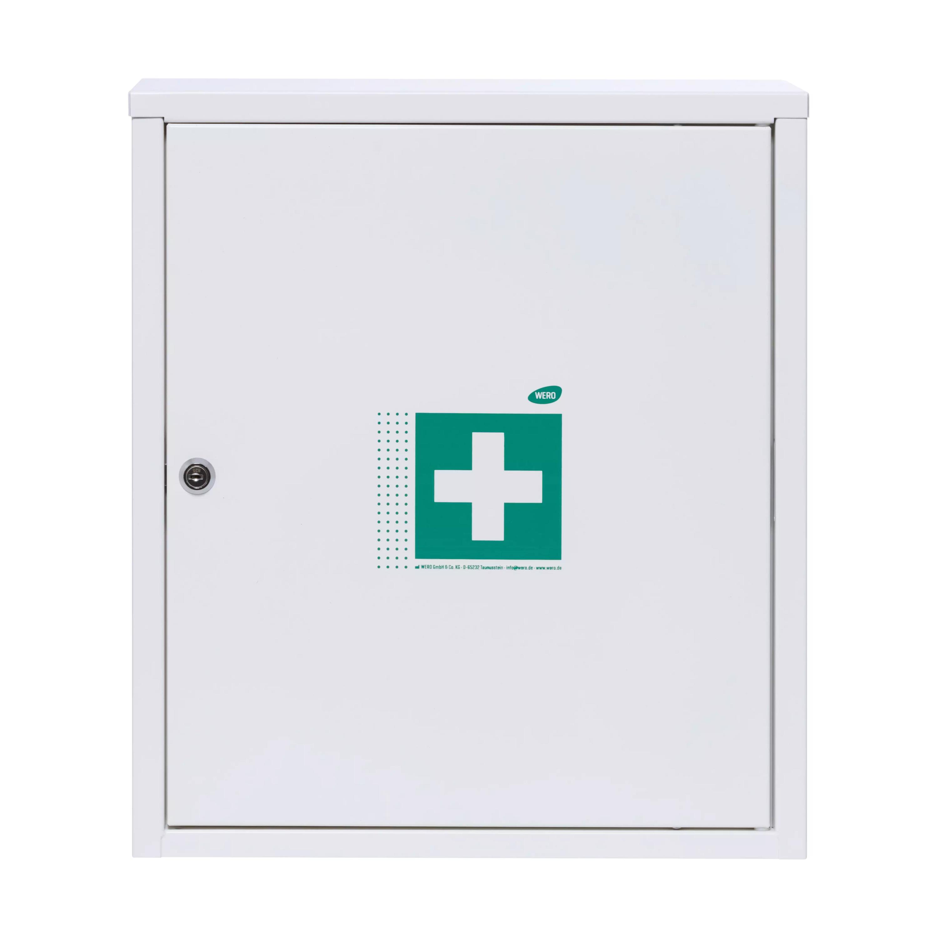 Weißer Medizinschrank mit grünem Kreuz, schwarzem Griff, Aufschrift „WERO Sitemap 3. 2nd Edition“ und seitlichem Rastermuster