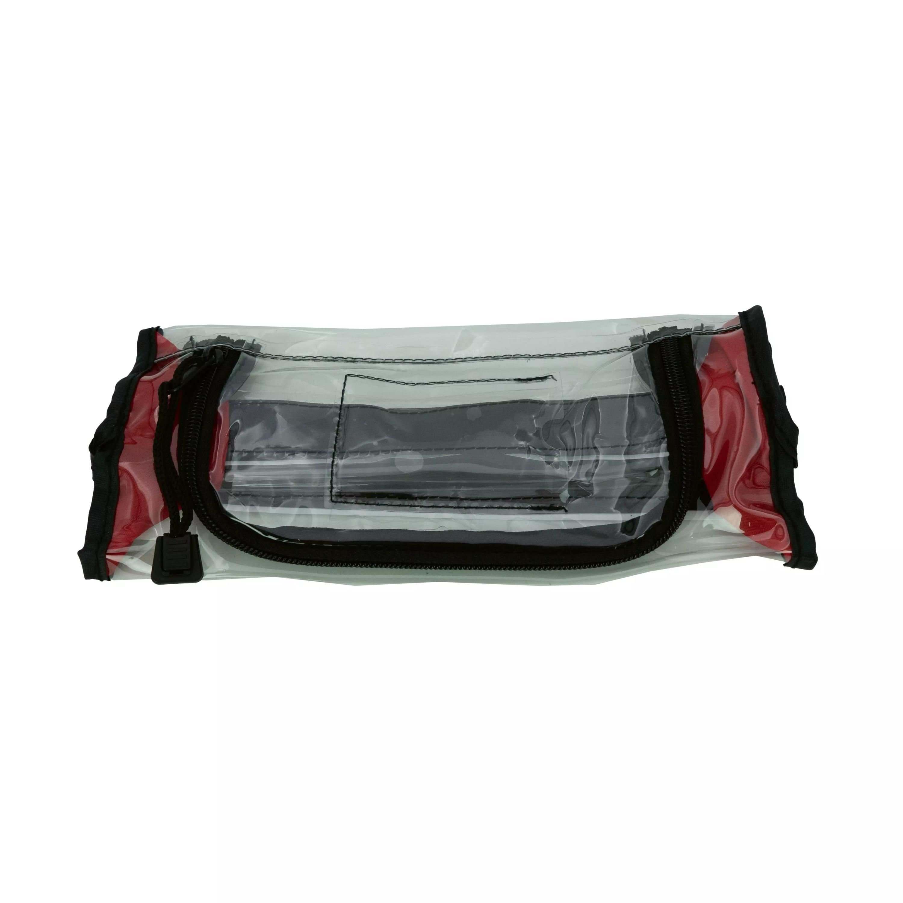 Eine Klarsichttasche, leer - Mittel, Rot zeigt eine transparente Front mit schwarzem Henkel, rotem flexiblem Rand und einem sichtbaren Etikett im Sichtfenster.