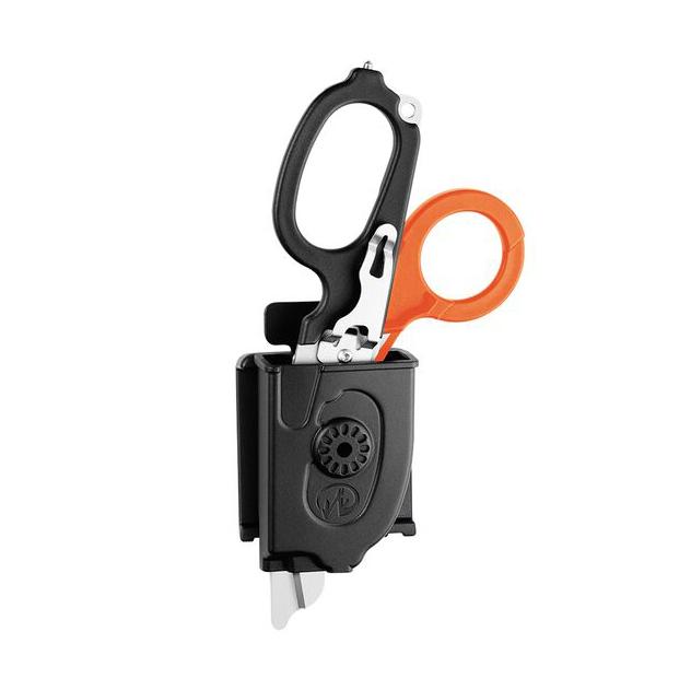 Schere LEATHERMAN® RAPTOR® Rescue - Orange und Schwarz mit silbernen Klingen, verstaut in einer robusten schwarzen Schutzhülle mit Logo-Knopf.