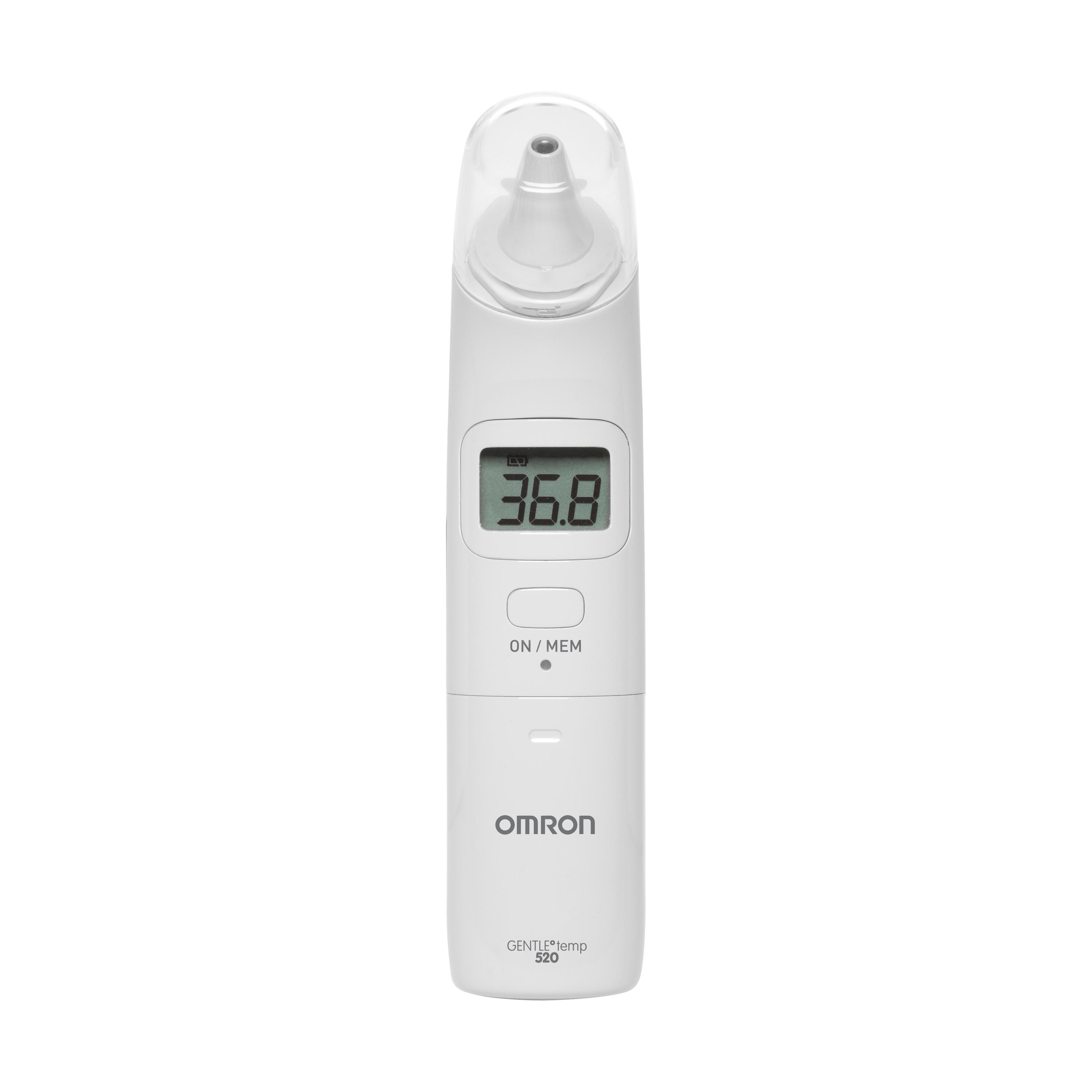 Das Infrarot-Ohrthermometer OMRON Gentle Temp 520 steht aufrecht, zeigt 36,8 °C auf dem Display und besitzt eine weiße, schlanke Form mit Schutzkappe.