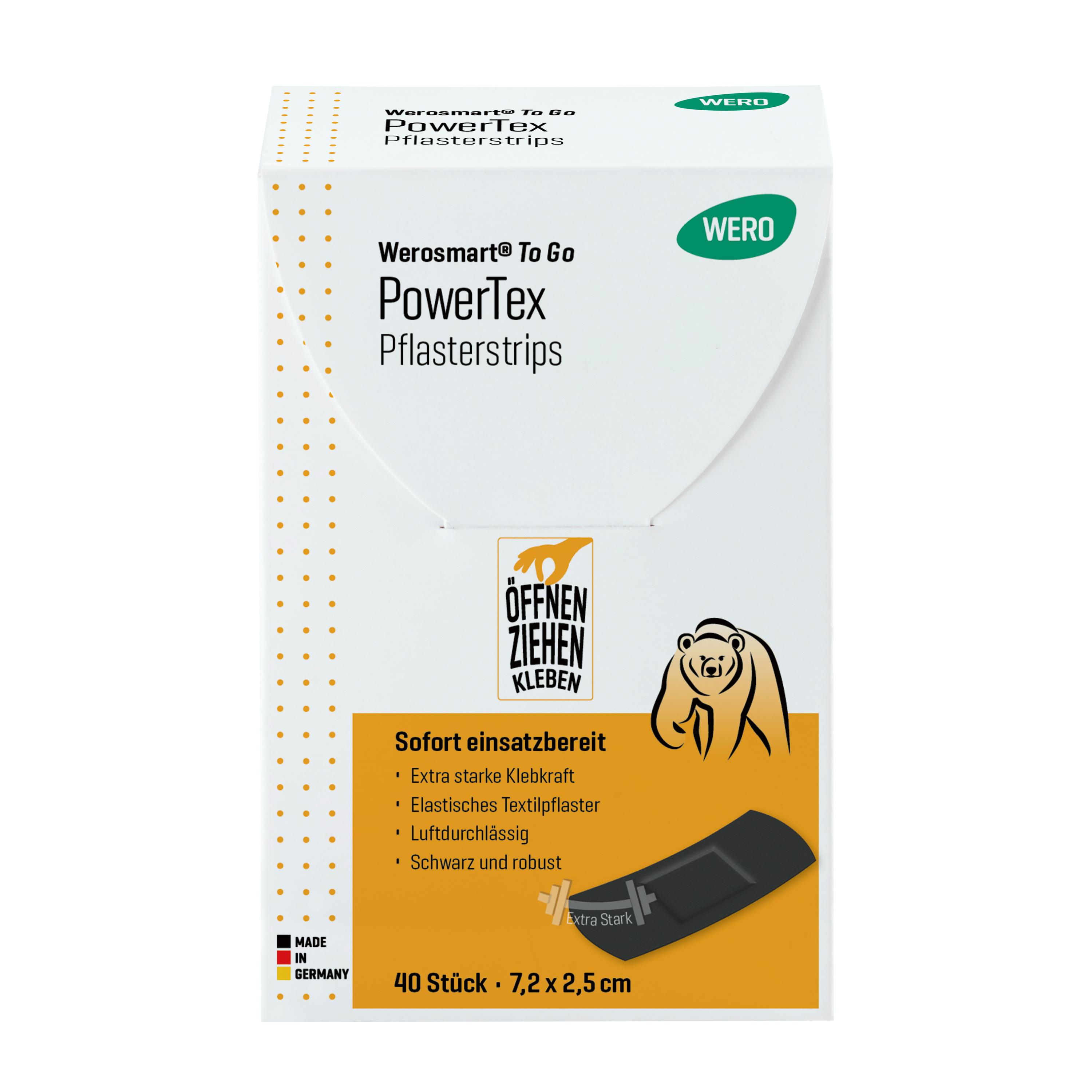 Eine weiße Box Werosmart® To Go PowerTex Sofortpflaster - Pflasterstrips mit gelb-orangem Etikett, extra starker Klebkraft und handlichen Streifen.