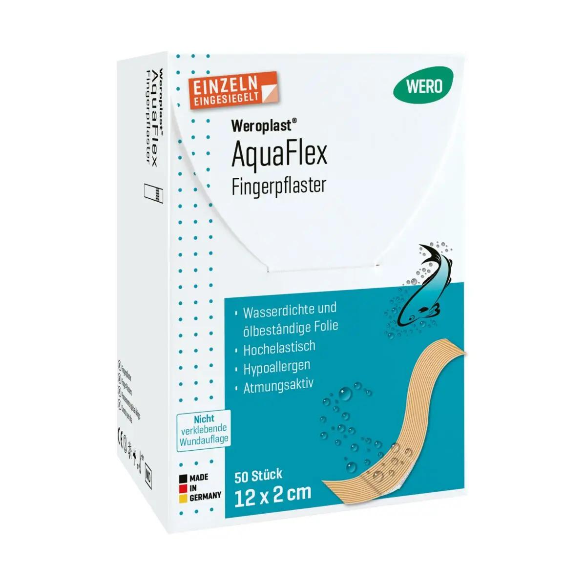 Weiße Schachtel AquaFlex Fingerpflaster 50 Stück, wasserfest, hypoallergen, nicht haftend, für Finger und Aqua-Anwendungen, hergestellt in Deutschland.