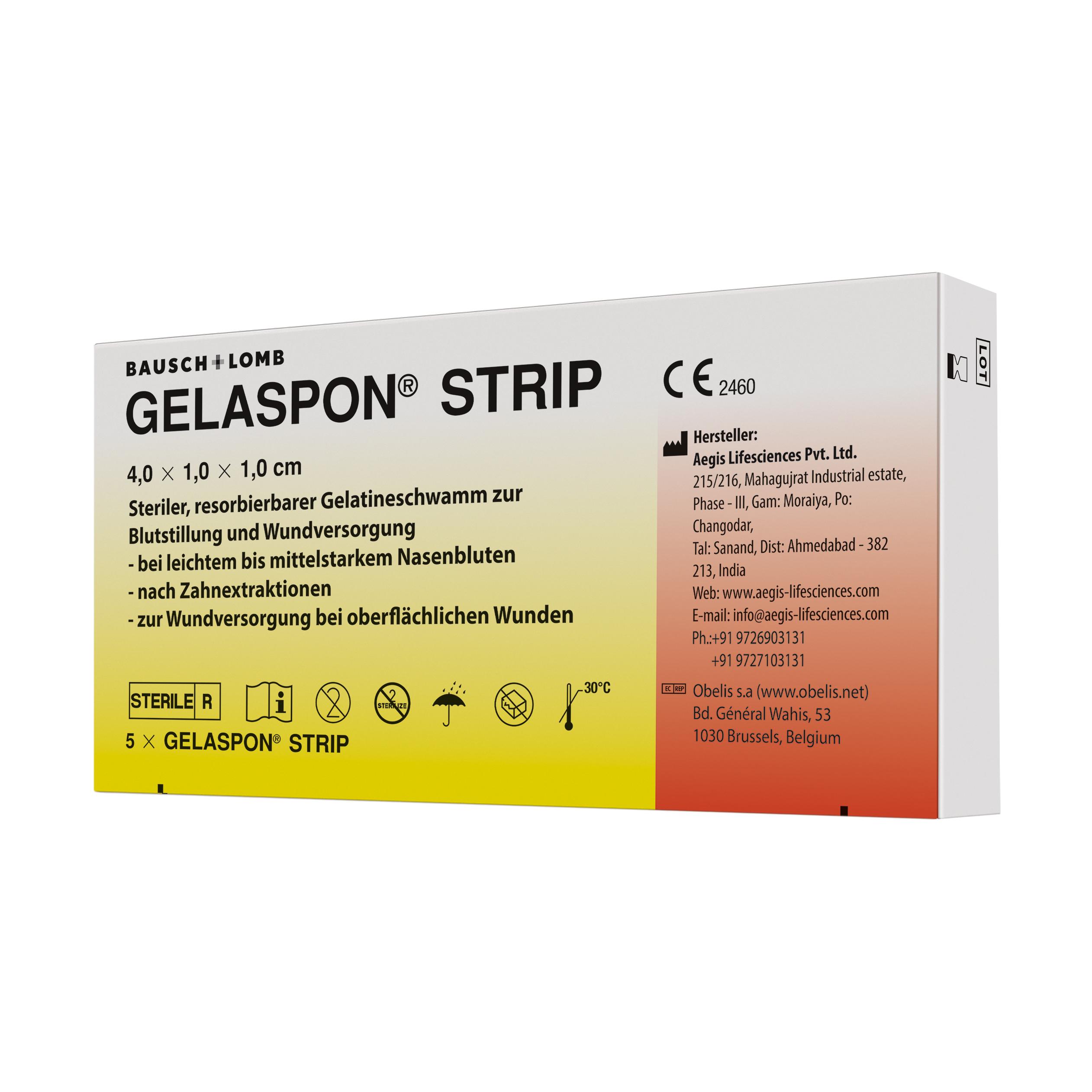 Eine weiße Verpackung GELASPON Strip, 4 Stk mit Herstellerangaben, CE-Kennzeichnung und Hinweis auf vier resorbierbare Gelatineschwämme.