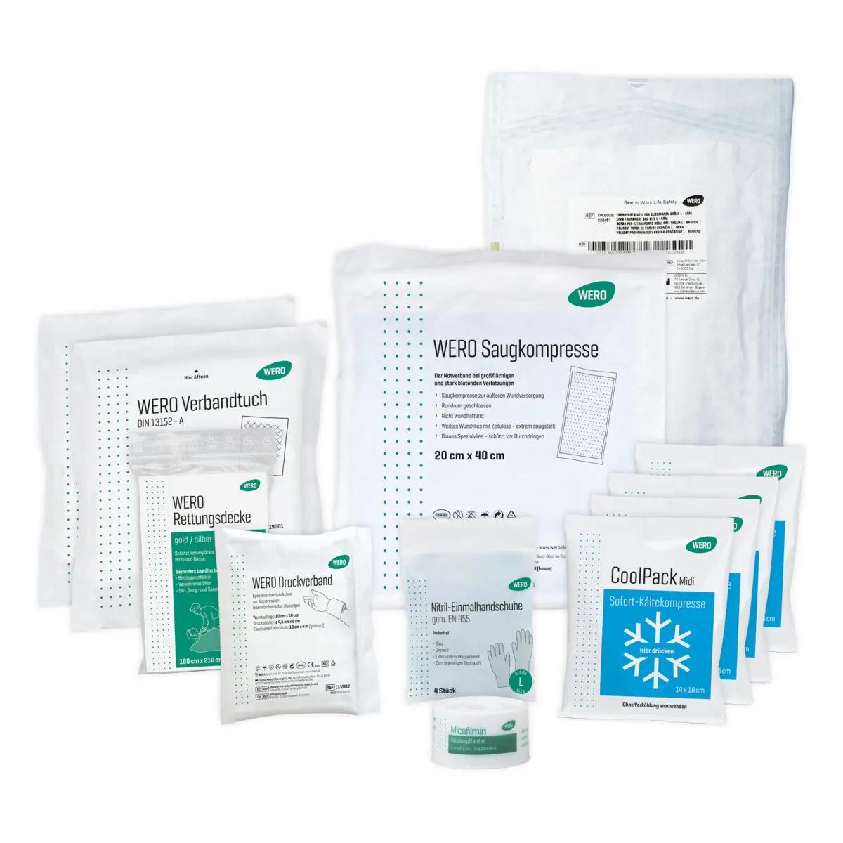 Eine Auswahl an WERO Replantat Set in Klarsichttasche - Mittel, WERO Cool Packs, bestehend aus verschieden großen, steril verpackten Medizinprodukten.