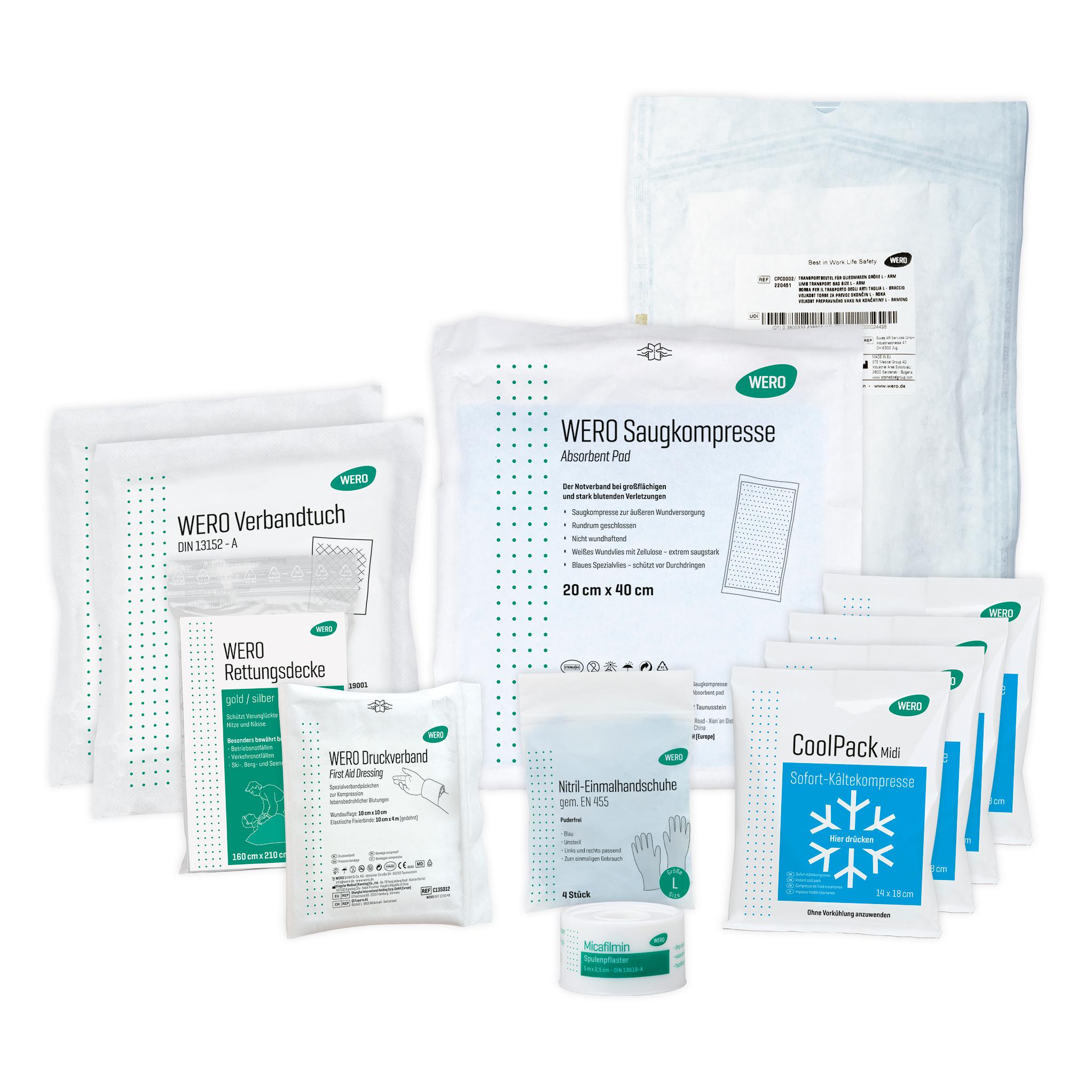 Eine Auswahl an WERO Replantat Set in Klarsichttasche - Mittel, WERO Cool Packs, bestehend aus verschieden großen, steril verpackten Medizinprodukten.